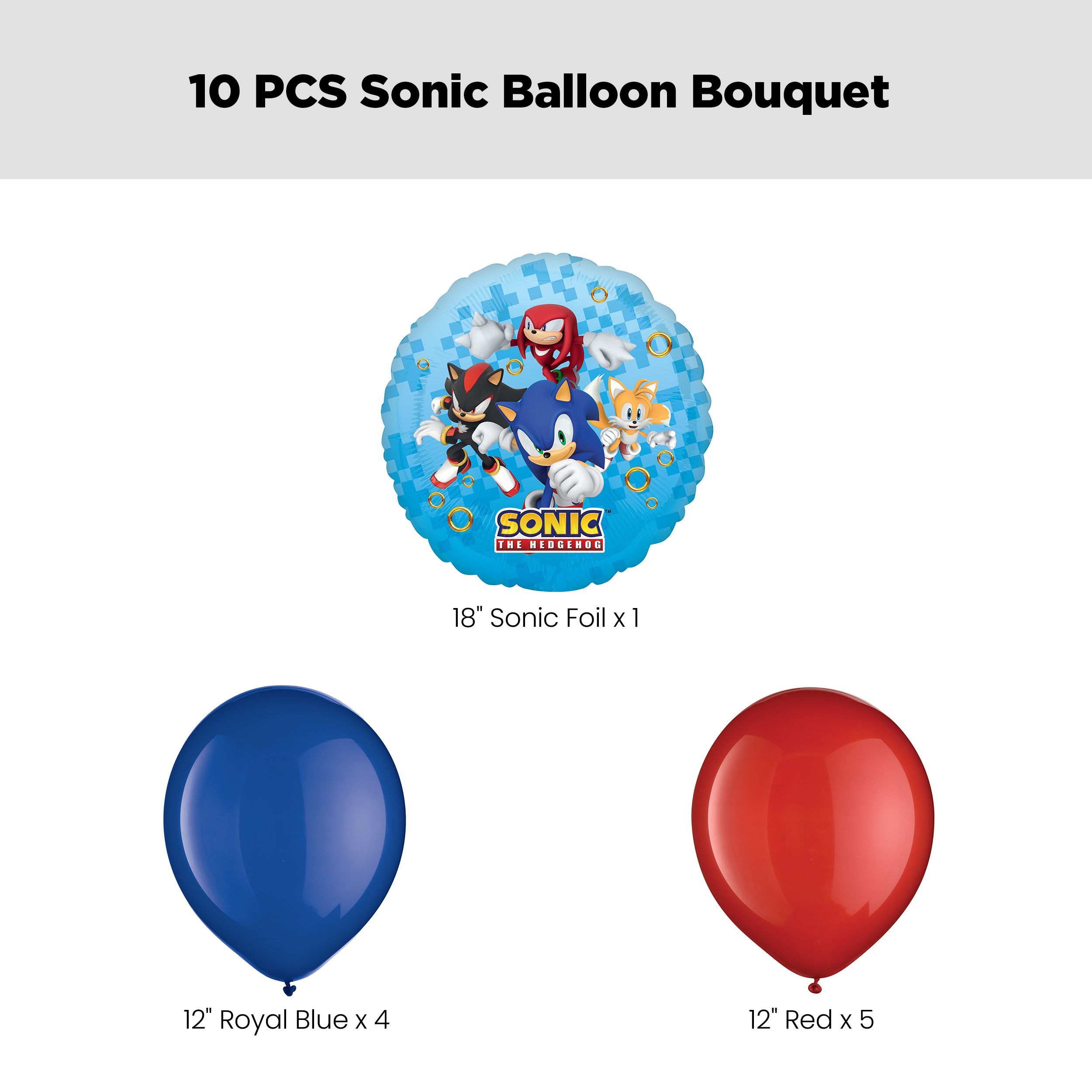 "Sonic the Hedgehog" Balloon Bouquet with Latex Balloons, Royal Blue/Red, 10-pk, Helium Inflation & Ribbon Included for Kids’ Birthday Front_Flat
