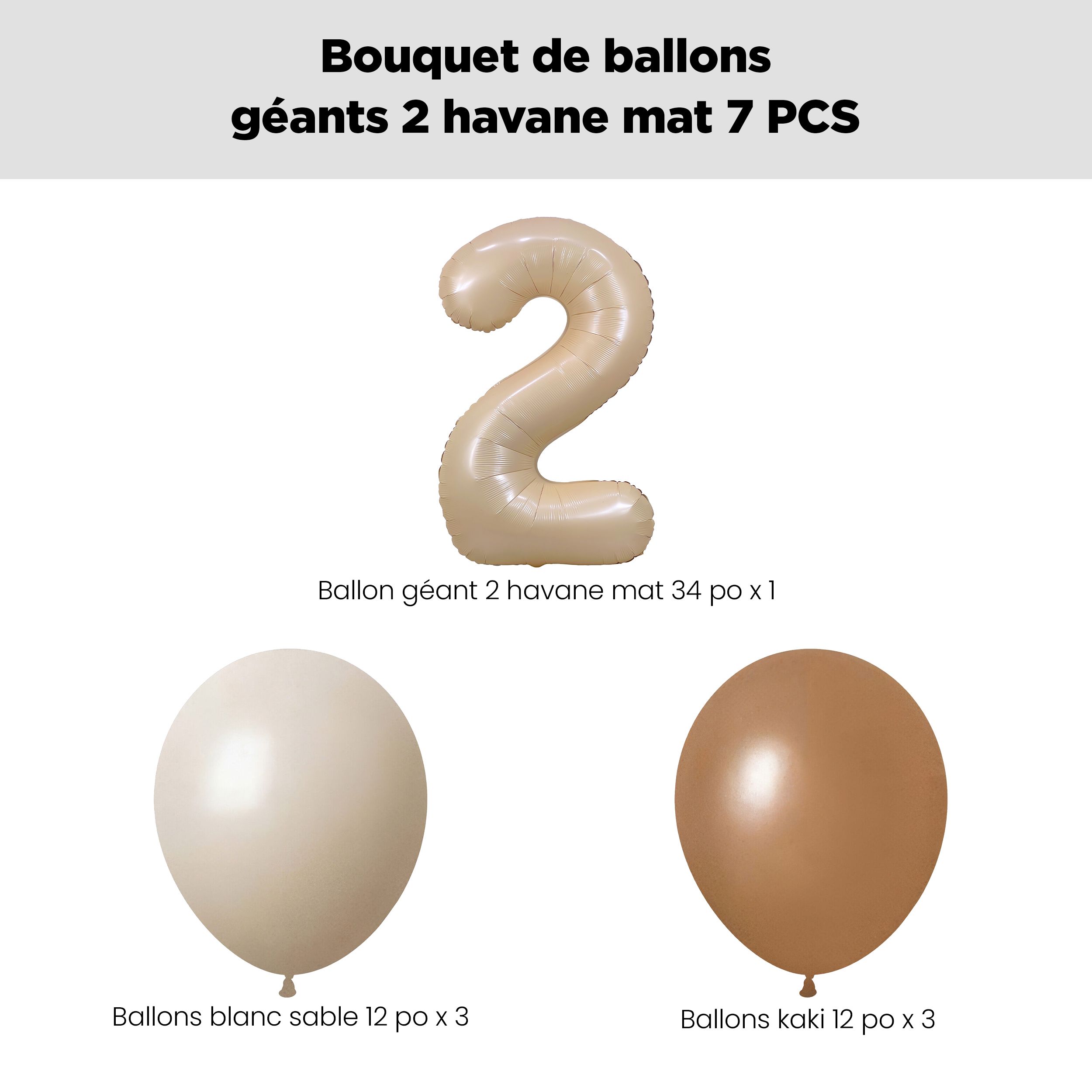 Bouquet de ballons avec ballon Supershape en forme du chiffre&nbsp;2, havane mat, et ballons en latex, sable blanc, kaki et brun chocolat, paq. 7, gonflage à l’hélium et ruban compris, pour anniversaire/occasion spéciale Front_Flat
