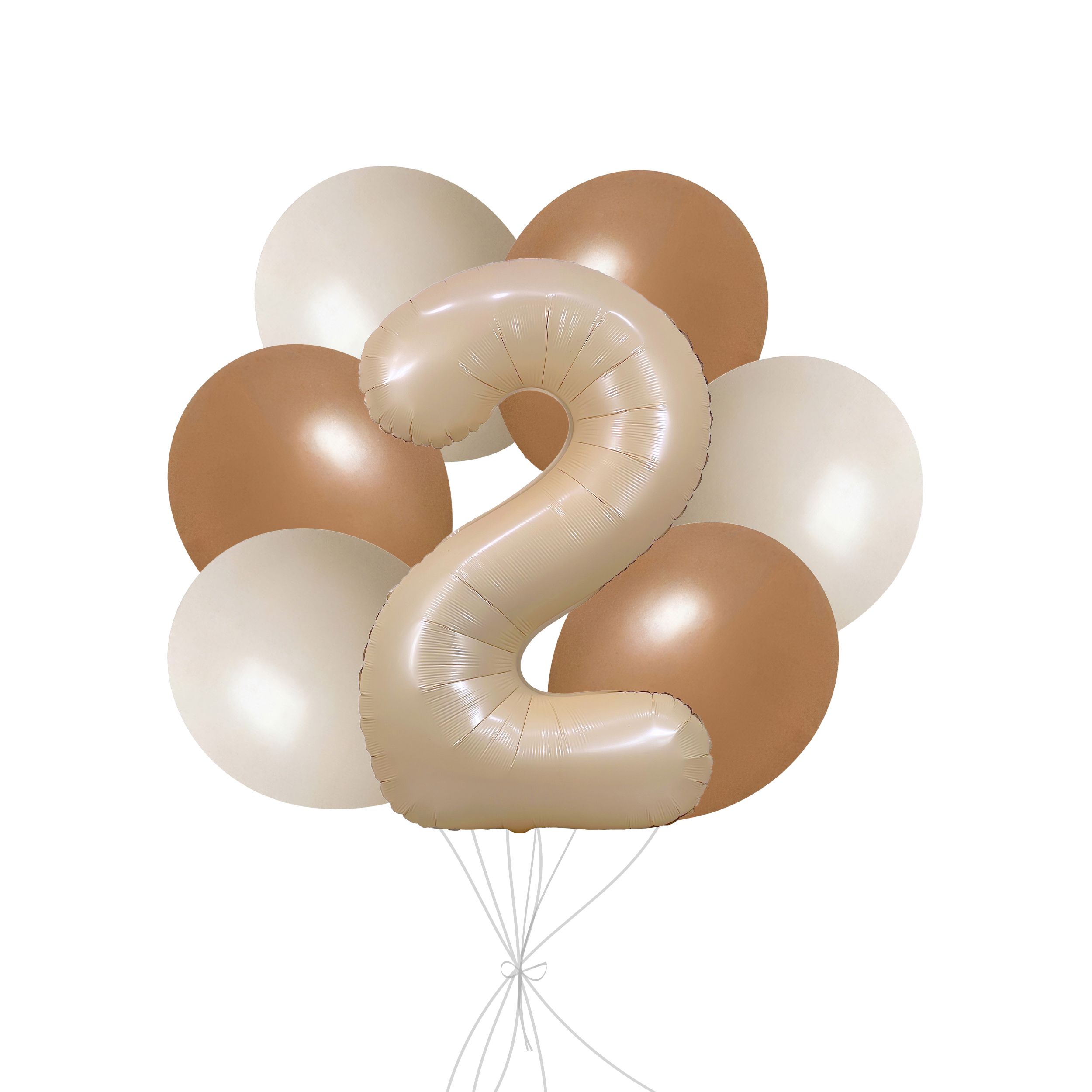 Bouquet de ballons avec ballon Supershape en forme du chiffre&nbsp;2, havane mat, et ballons en latex, sable blanc, kaki et brun chocolat, paq. 7, gonflage à l’hélium et ruban compris, pour anniversaire/occasion spéciale Front_Flat