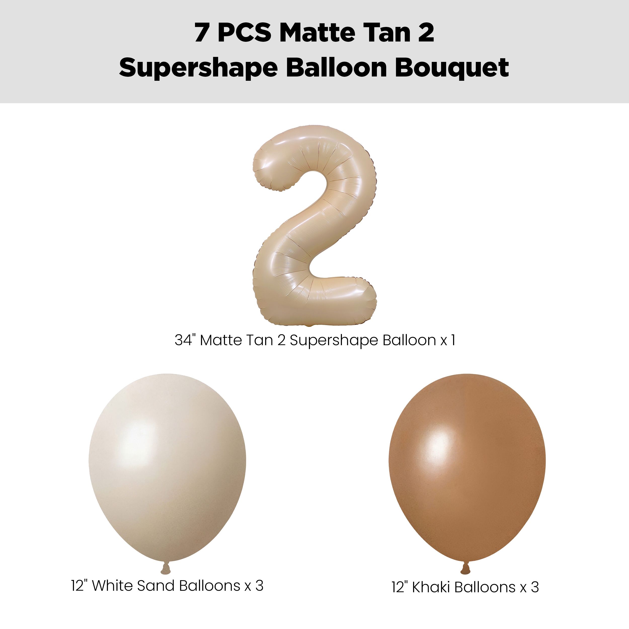 Number 2 Matte Tan Supershape Balloon Bouquet with Latex Balloons, White Sand/Khaki/Chocolate Brown, 7-pk, Helium Inflation & Ribbon Included for Birthday/Special Occasion Front_Flat