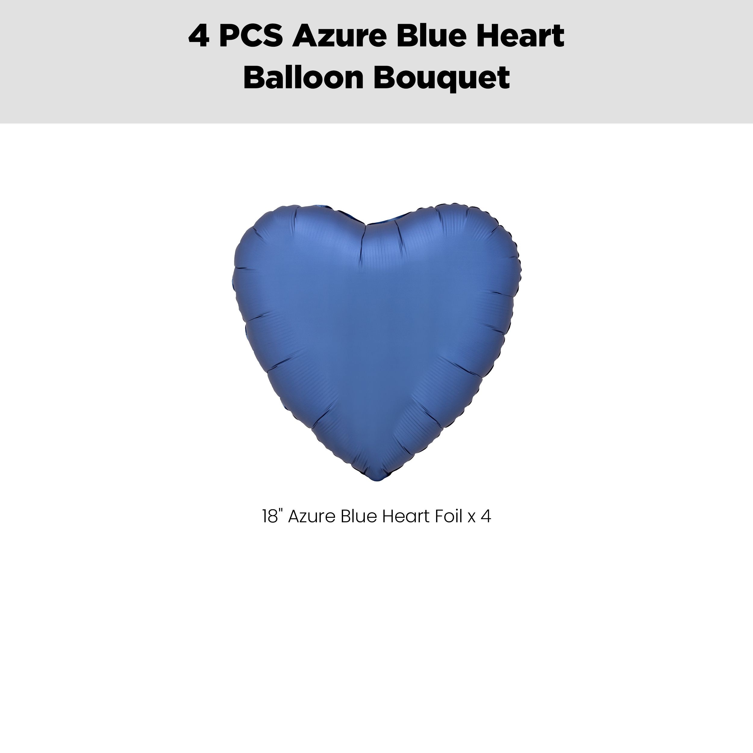 Heart Foil Balloon Bouquet, Azure Blue, 4-pk, Helium Inflation & Ribbon Included for Birthday/Special Occasion Front_Flat