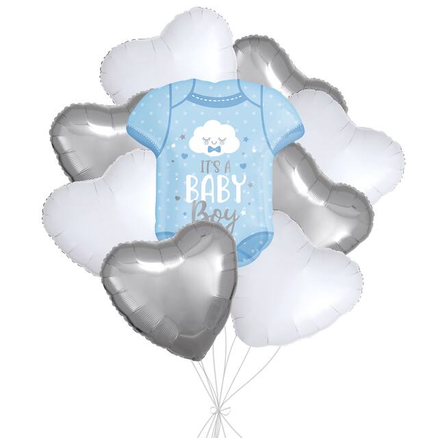 Bouquet de ballons forme super It's a Baby Boy Onesie avec ballons en aluminium en forme coeur blancs et argentés, paq. 9, gonflage à l'hélium et ruban inclus pour fête prénatale Front_Flat