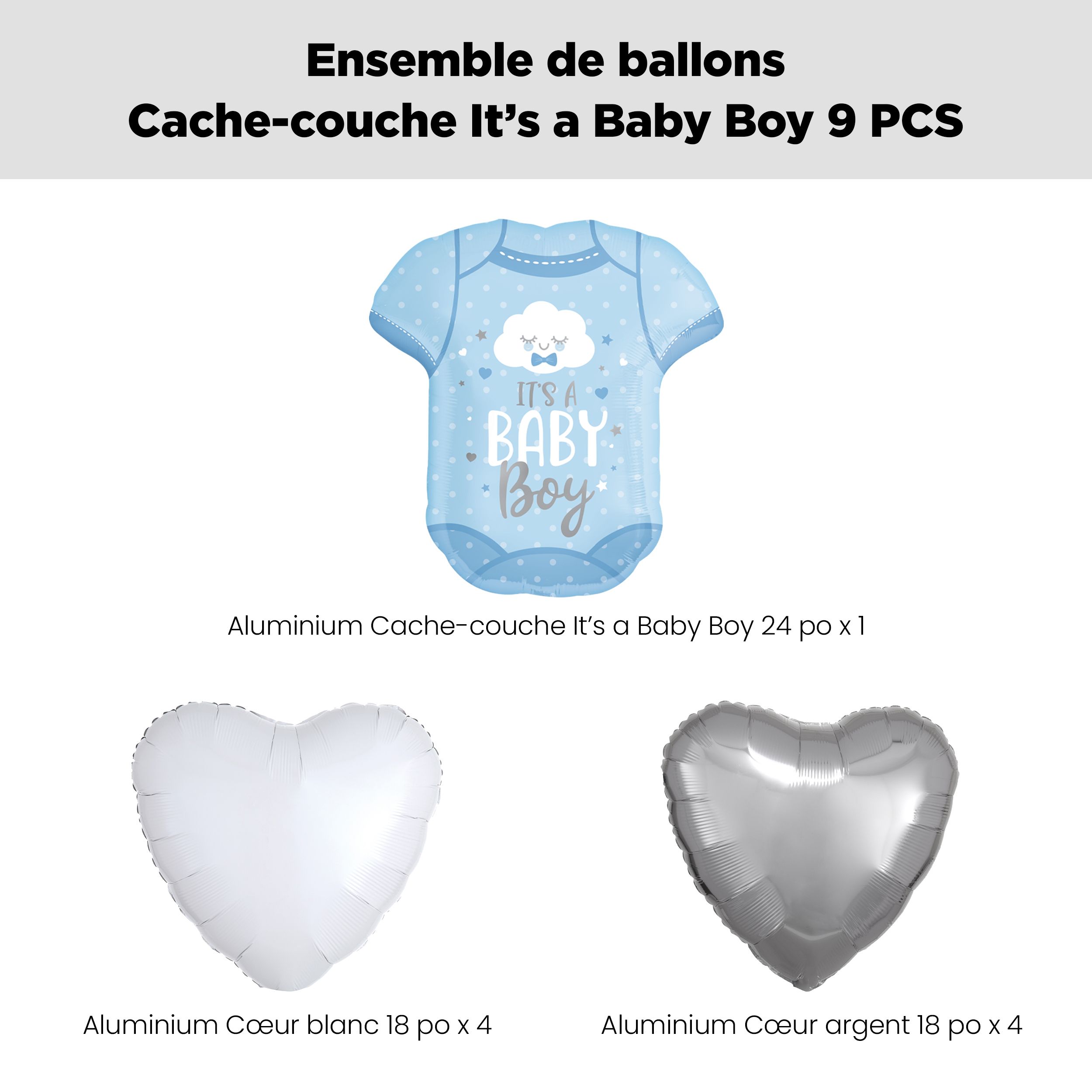 Bouquet de ballons forme super It's a Baby Boy Onesie avec ballons en aluminium en forme coeur blancs et argentés, paq. 9, gonflage à l'hélium et ruban inclus pour fête prénatale Front_Flat