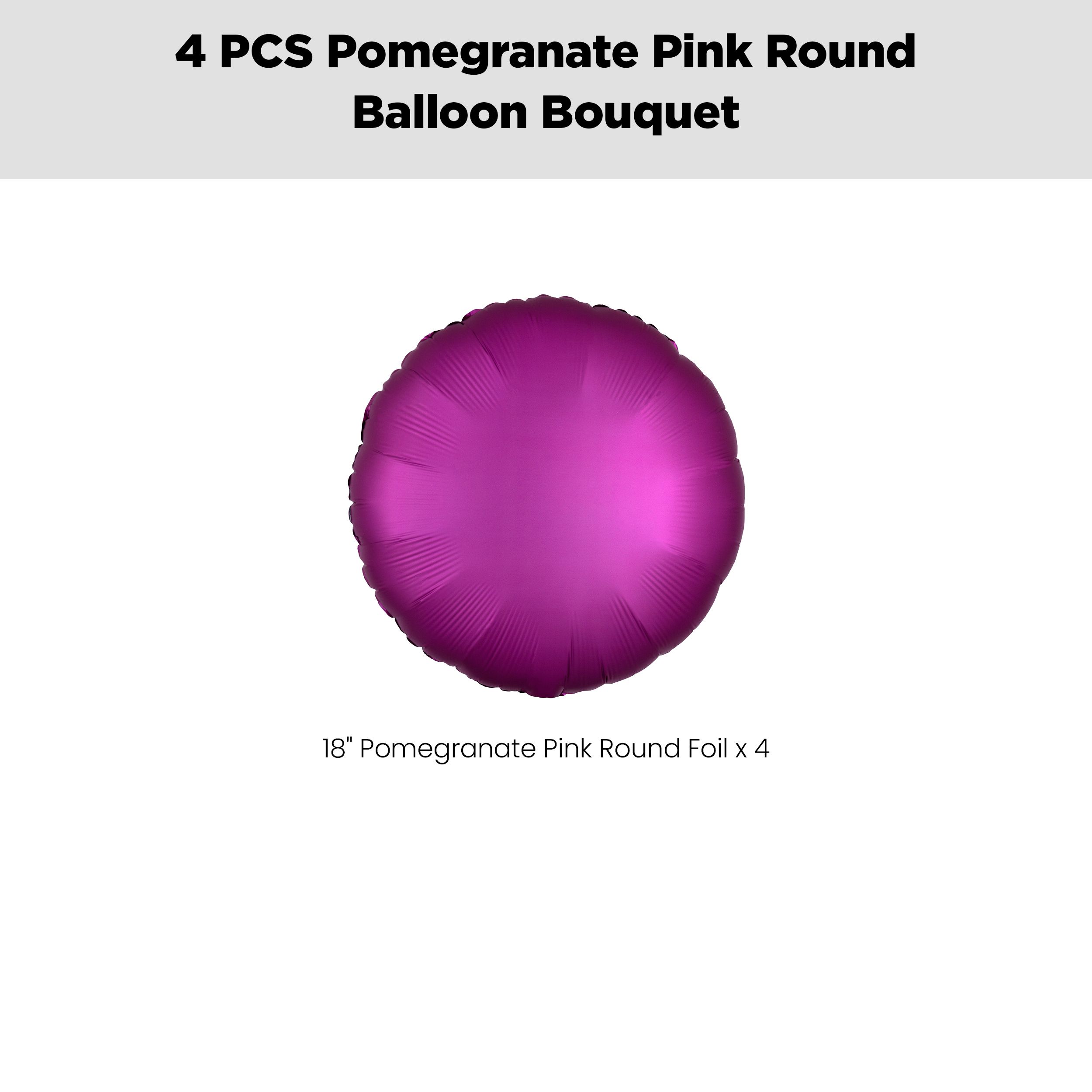 Round Foil Balloon Bouquet, Pomegranate Pink, 4-pk, Helium Inflation & Ribbon Included for Birthday/Special Occasion Front_Flat