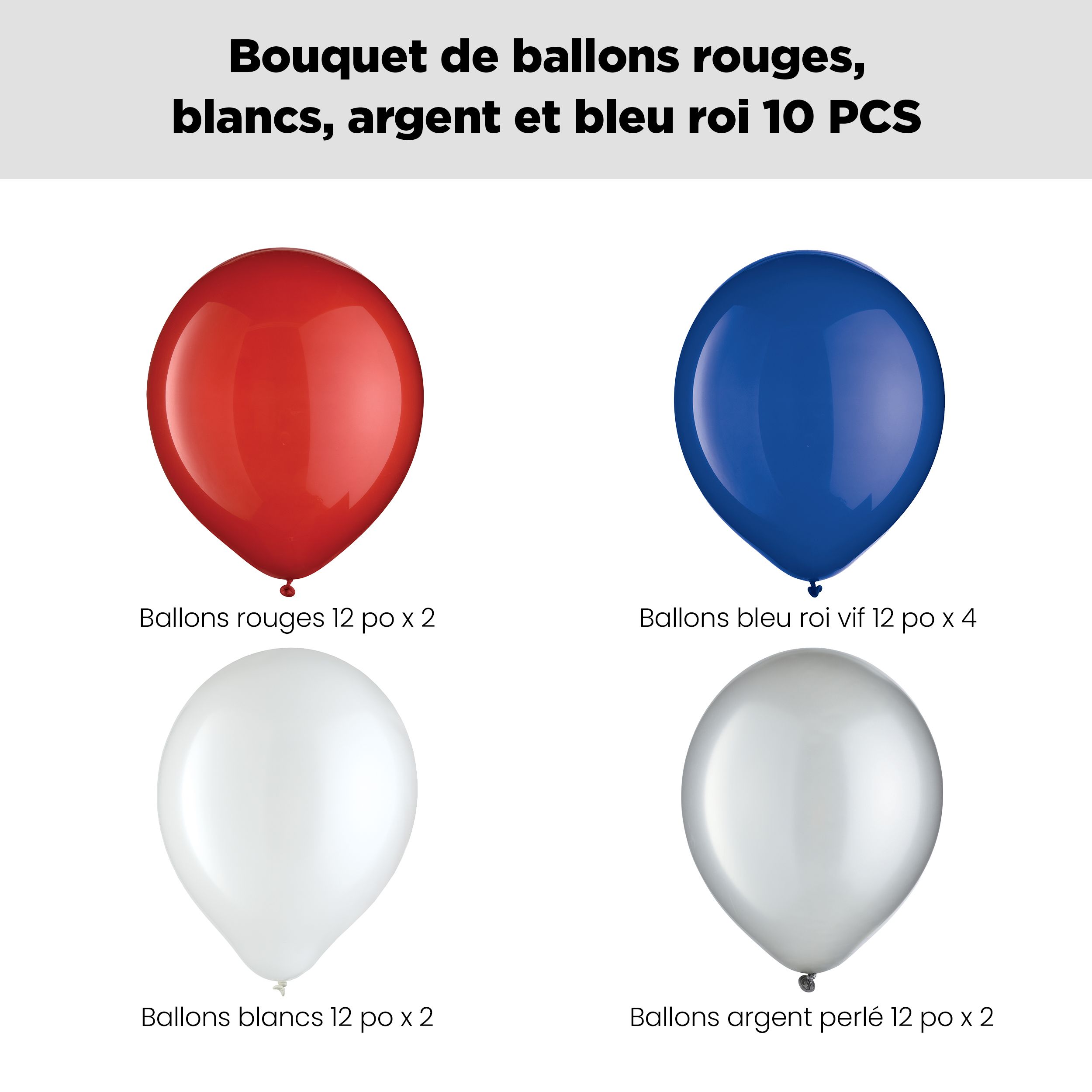 Bouquet de ballons ronds en latex, rouge, blanc, argent et bleu royal, 10 pce, gonflage à l’hélium et ruban compris Front_Flat