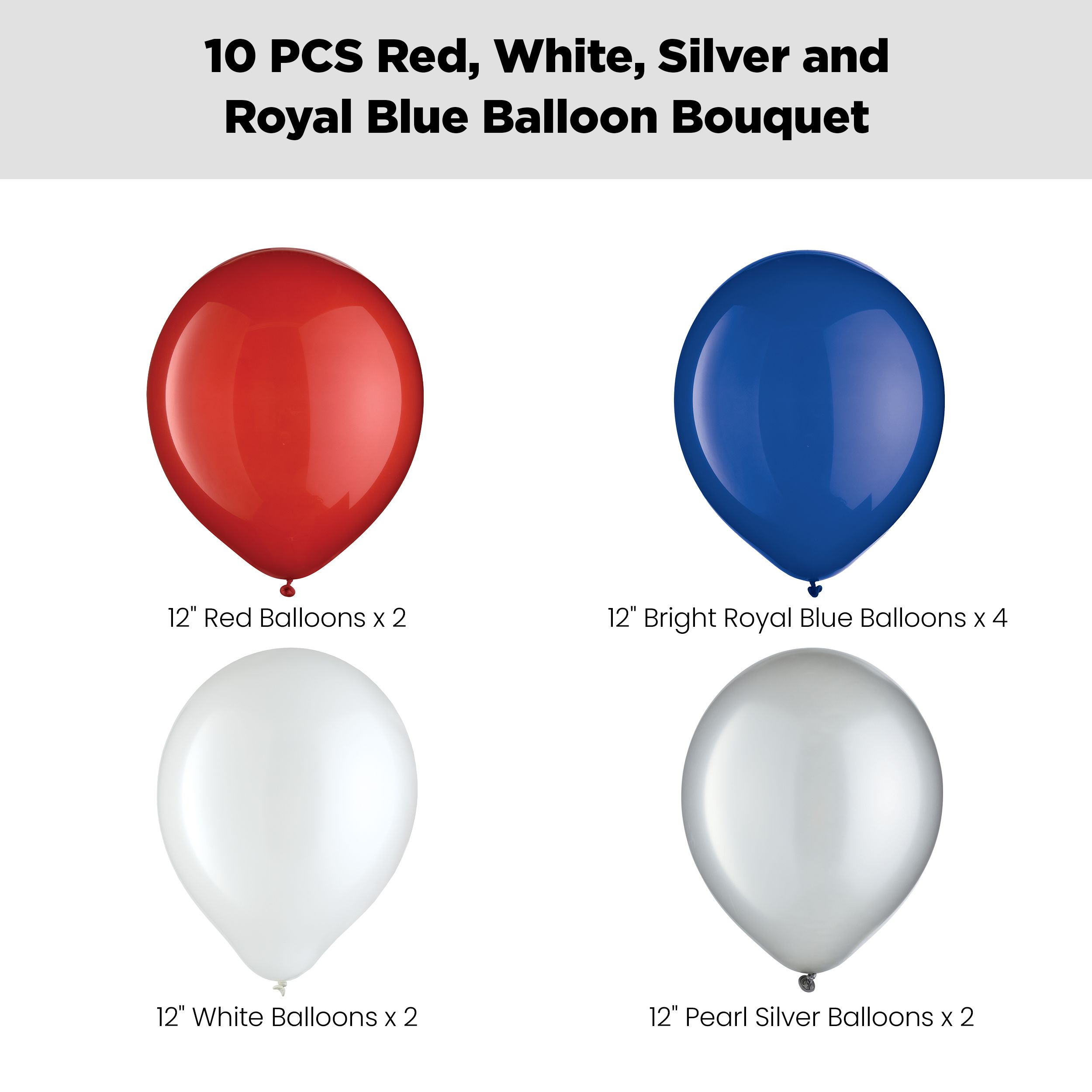 Round Latex Balloon Bouquet, Red/White/Silver/Royal Blue, 10-pk, Helium Inflation & Ribbon Included Front_Flat