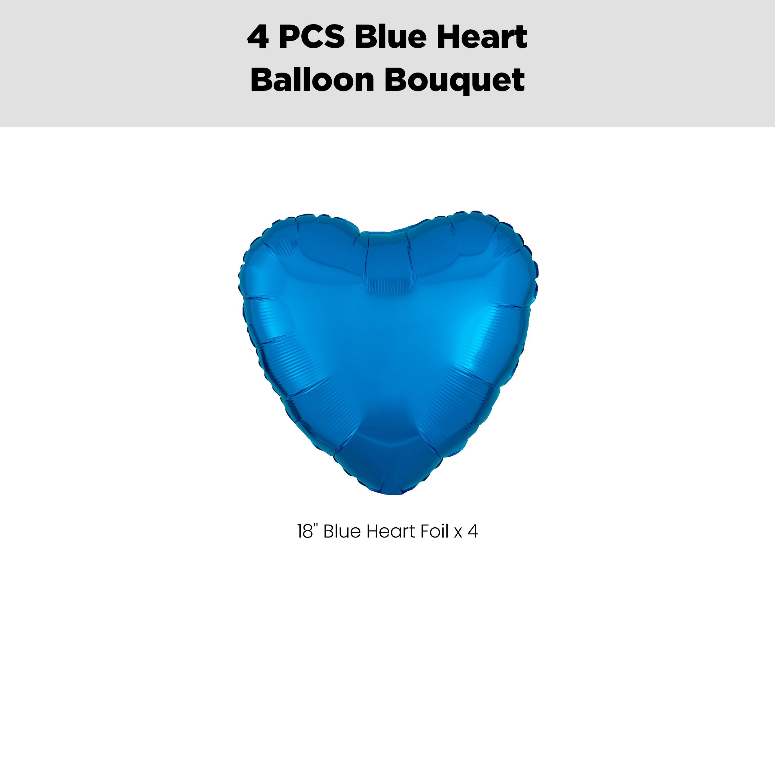 Heart Foil Balloon Bouquet, Blue, 4-pk, Helium Inflation & Ribbon Included for Birthday/Special Occasion Front_Flat