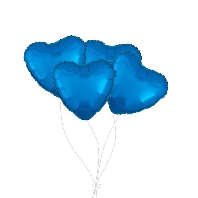 Heart Foil Balloon Bouquet, Blue, 4-pk, Helium Inflation & Ribbon Included for Birthday/Special Occasion Front_Flat