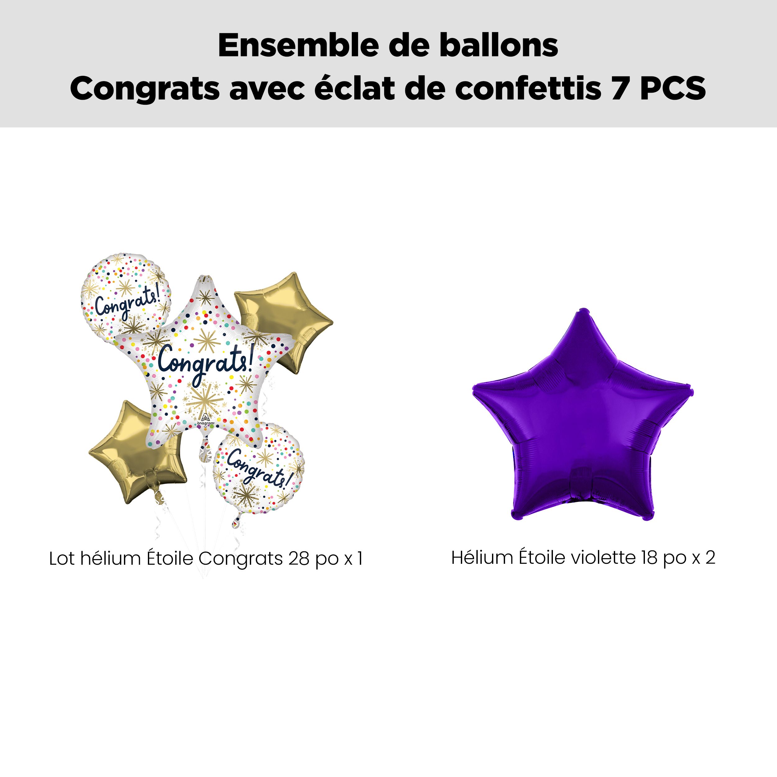 Bouquet de ballons métalliques satinés étoilés et paillettes Congrats avec ballons métalliques étoilés, multicolore, paquet de 7, gonflage à l’hélium et ruban inclus Front_Flat