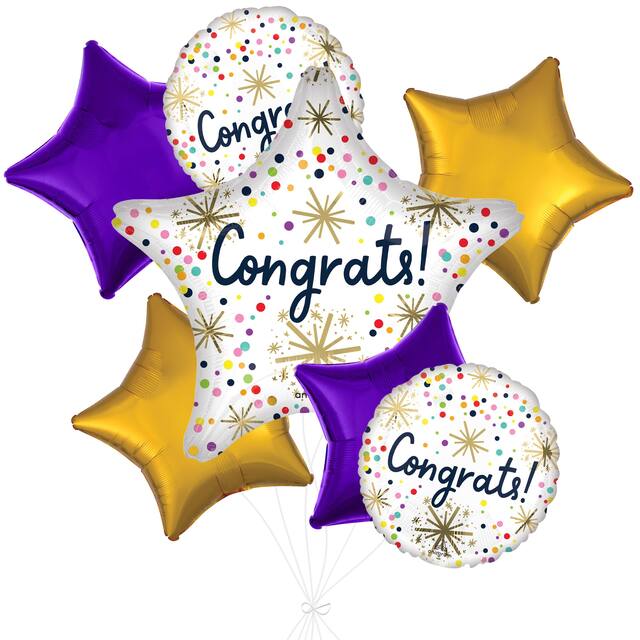 "Congrats" Star Confetti Sprinkle Polka Dot Satin Foil Balloon Bouquet with Star Foil Balloons, Multi-Coloured, 7-pk, Helium Inflation & Ribbon Included Front_Flat