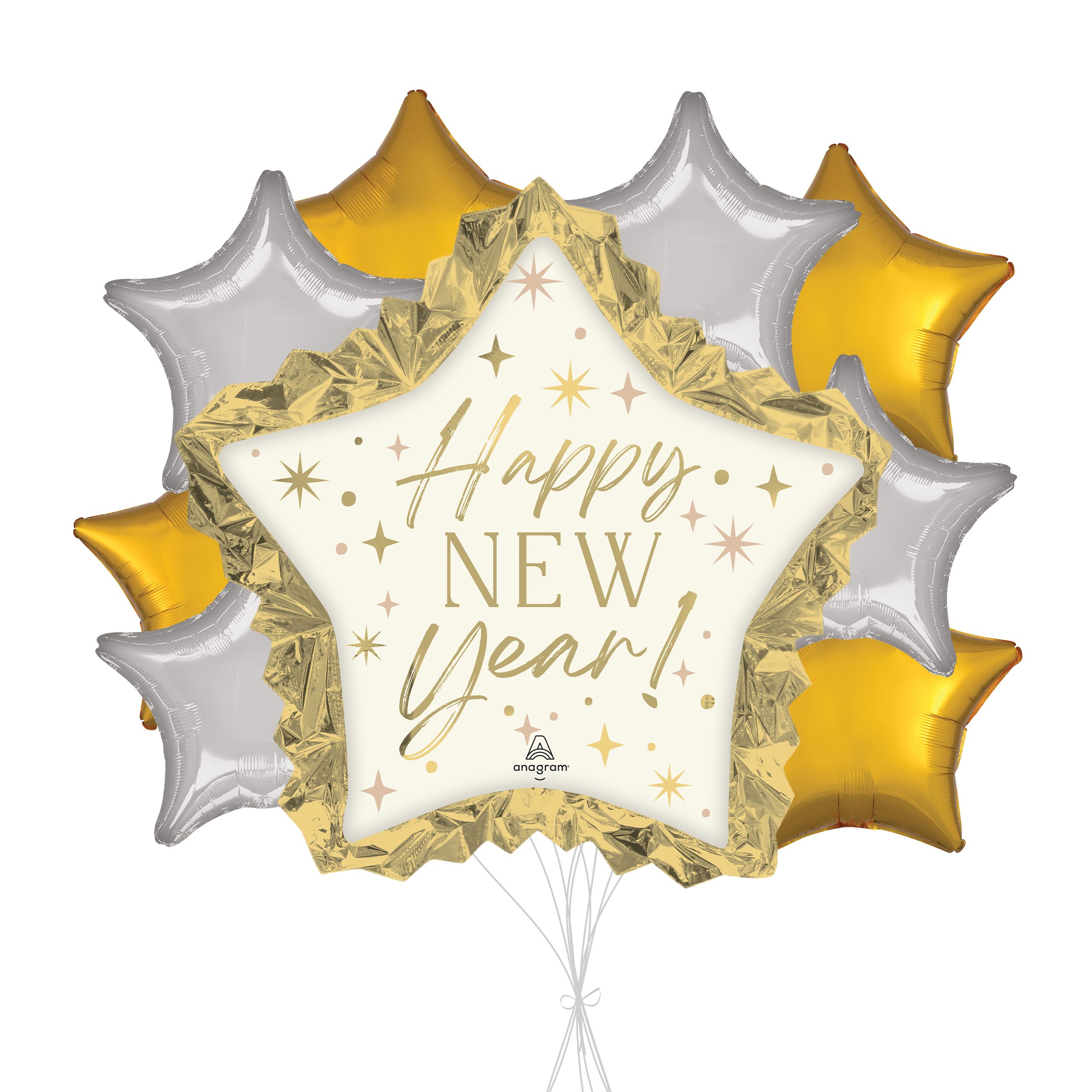 Happy New Year! Bouquet de ballon de forme extraordinaire avec ballons en aluminium étoiles argentés, 9 pièces, gonflage à l'hélium et ruban inclus Front_Flat