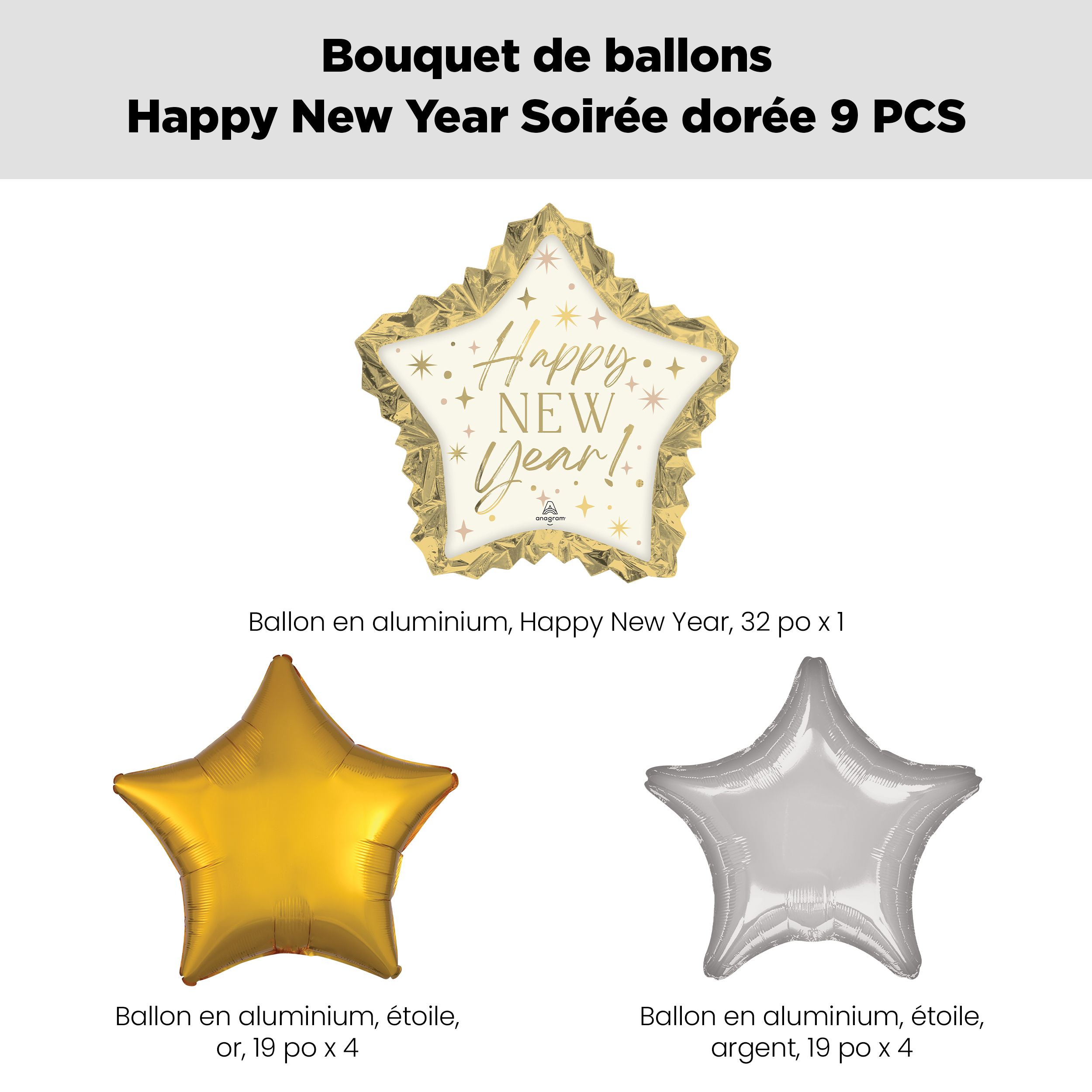Happy New Year! Bouquet de ballon de forme extraordinaire avec ballons en aluminium étoiles argentés, 9 pièces, gonflage à l'hélium et ruban inclus Front_Flat