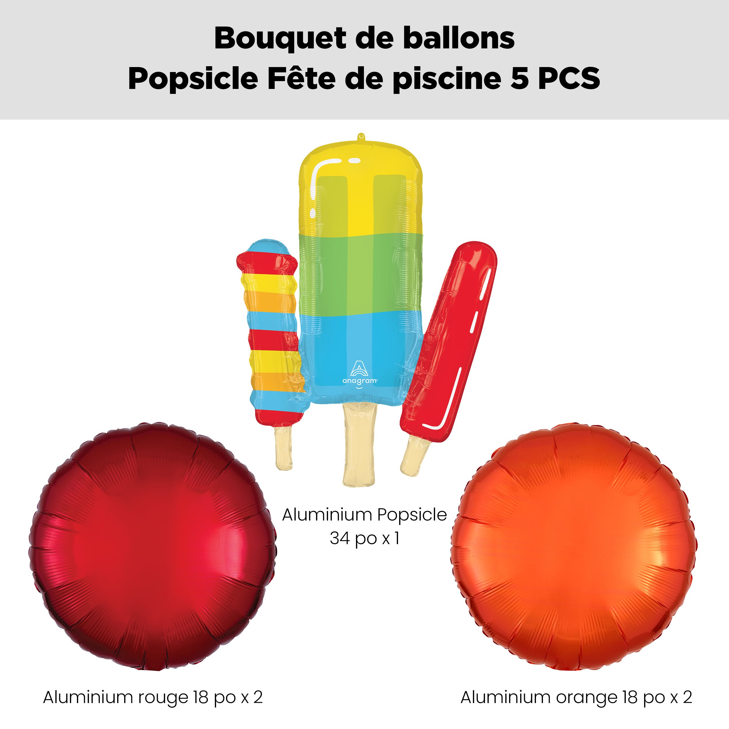 Bouquet de ballons de forme extraordinaire sucette glacée, fête à la piscine, avec ballons ronds en aluminium, orange et rouges, paq. 5, gonflage à l’hélium et ruban compris Front_Flat