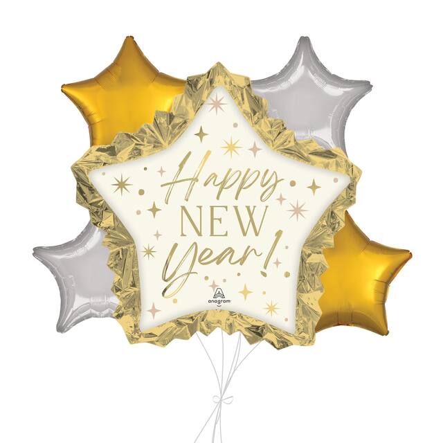 "Happy New Year!" Golden Soiree Star Supershape Balloon Bouquet with Star Foil Balloons, Silver/Gold, 5-pk, Helium Inflation & Ribbon Included Front_Flat