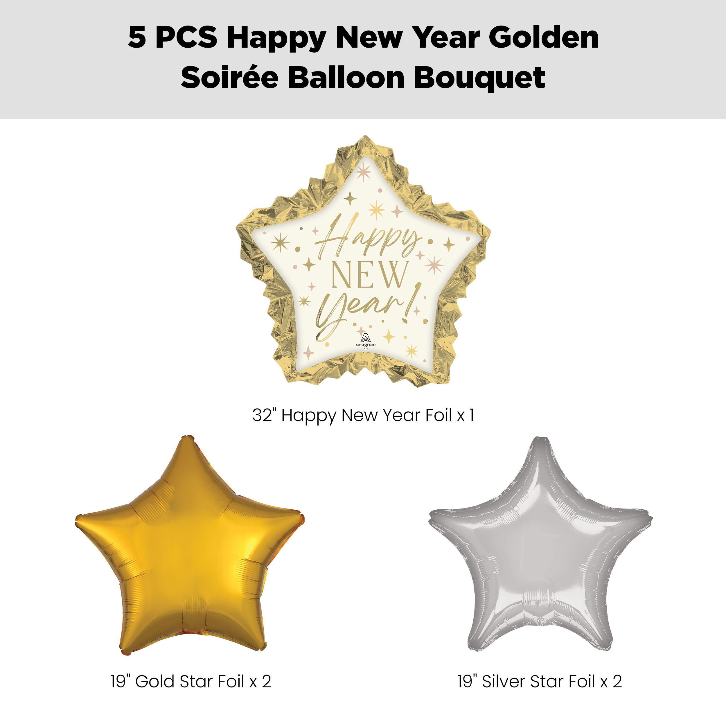 "Happy New Year!" Golden Soiree Star Supershape Balloon Bouquet with Star Foil Balloons, Silver/Gold, 5-pk, Helium Inflation & Ribbon Included Front_Flat