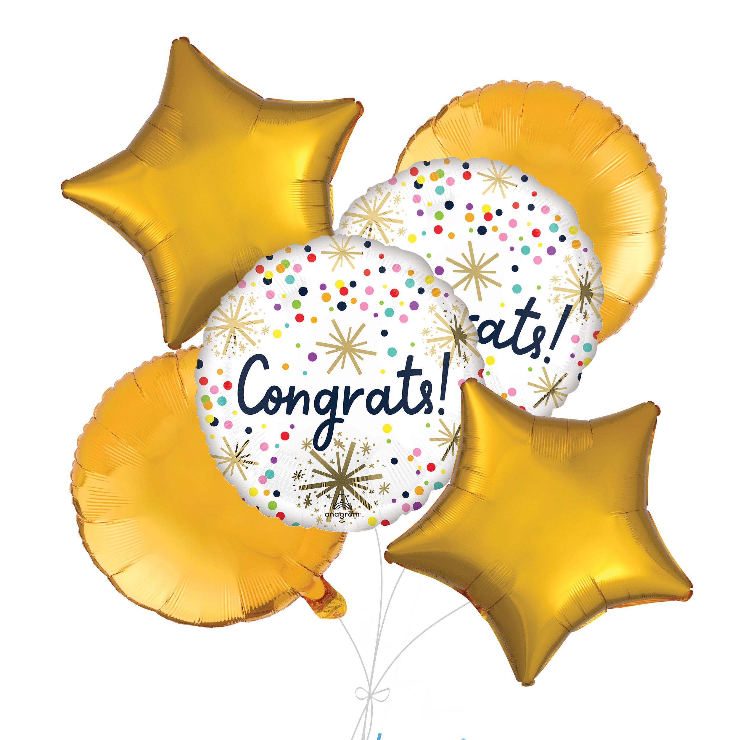 Bouquet de ballons métalliques satinés ronds à pois et confettis Congrats avec ballons métalliques ronds et étoilés, multicolore, paquet de 6, gonflage à l’hélium et ruban inclus Front_Flat