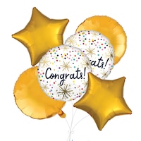 "Congrats" Round Confetti Polka Dot Satin Foil Balloon Bouquet with Round & Star Foil Balloons, Multi-Coloured, 6-pk, Helium Inflation & Ribbon Included