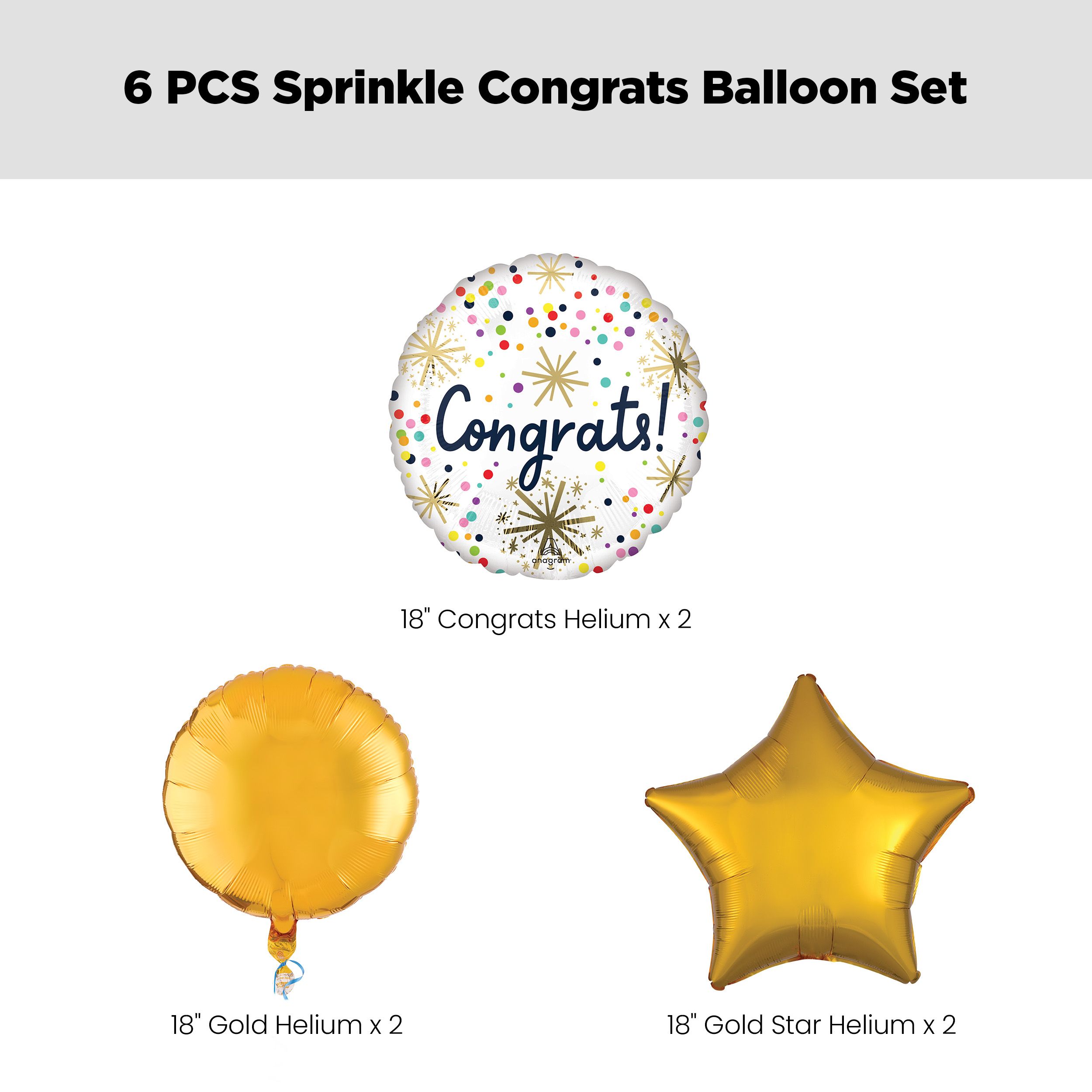 "Congrats" Round Confetti Polka Dot Satin Foil Balloon Bouquet with Round & Star Foil Balloons, Multi-Coloured, 6-pk, Helium Inflation & Ribbon Included Front_Flat