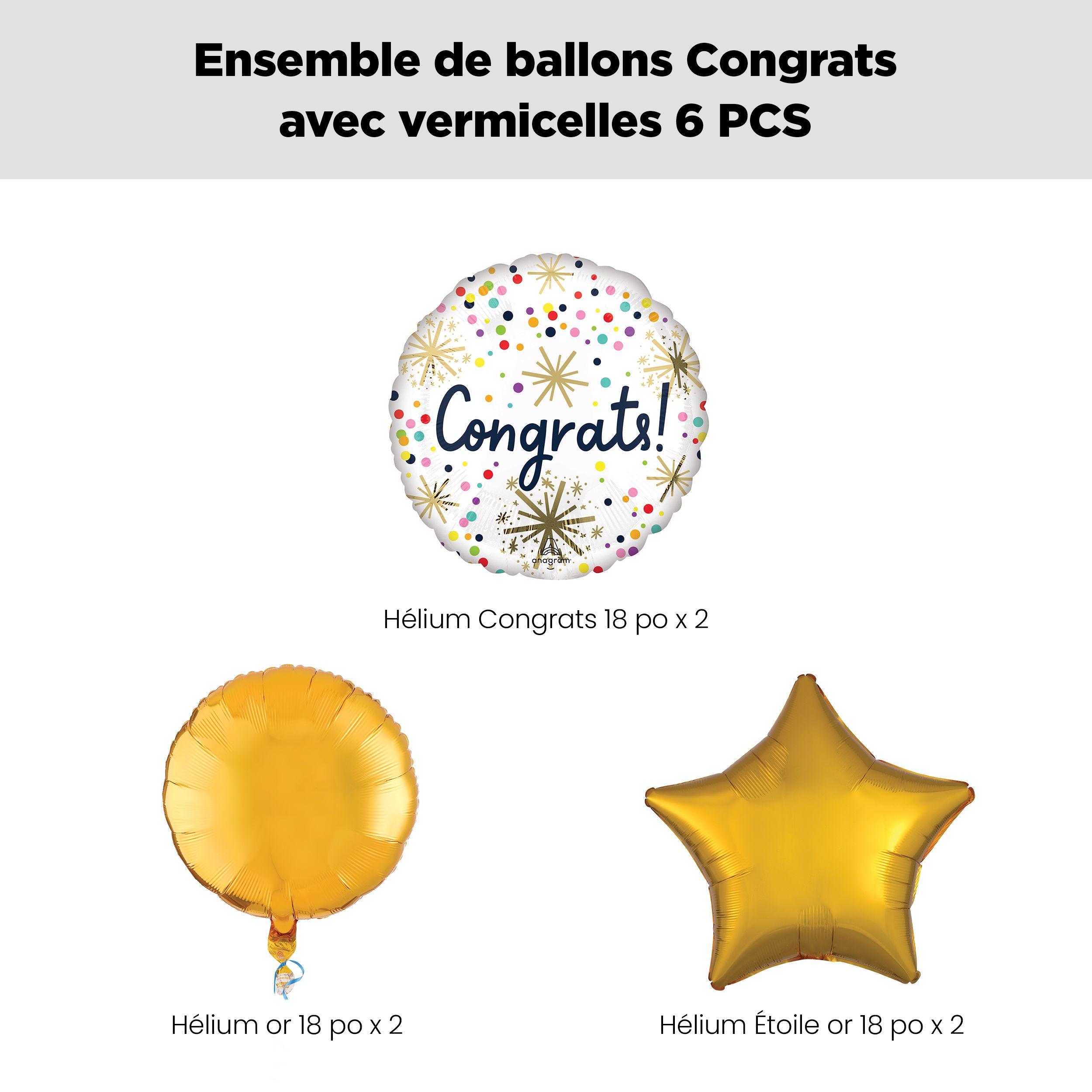 Bouquet de ballons métalliques satinés ronds à pois et confettis Congrats avec ballons métalliques ronds et étoilés, multicolore, paquet de 6, gonflage à l’hélium et ruban inclus Front_Flat