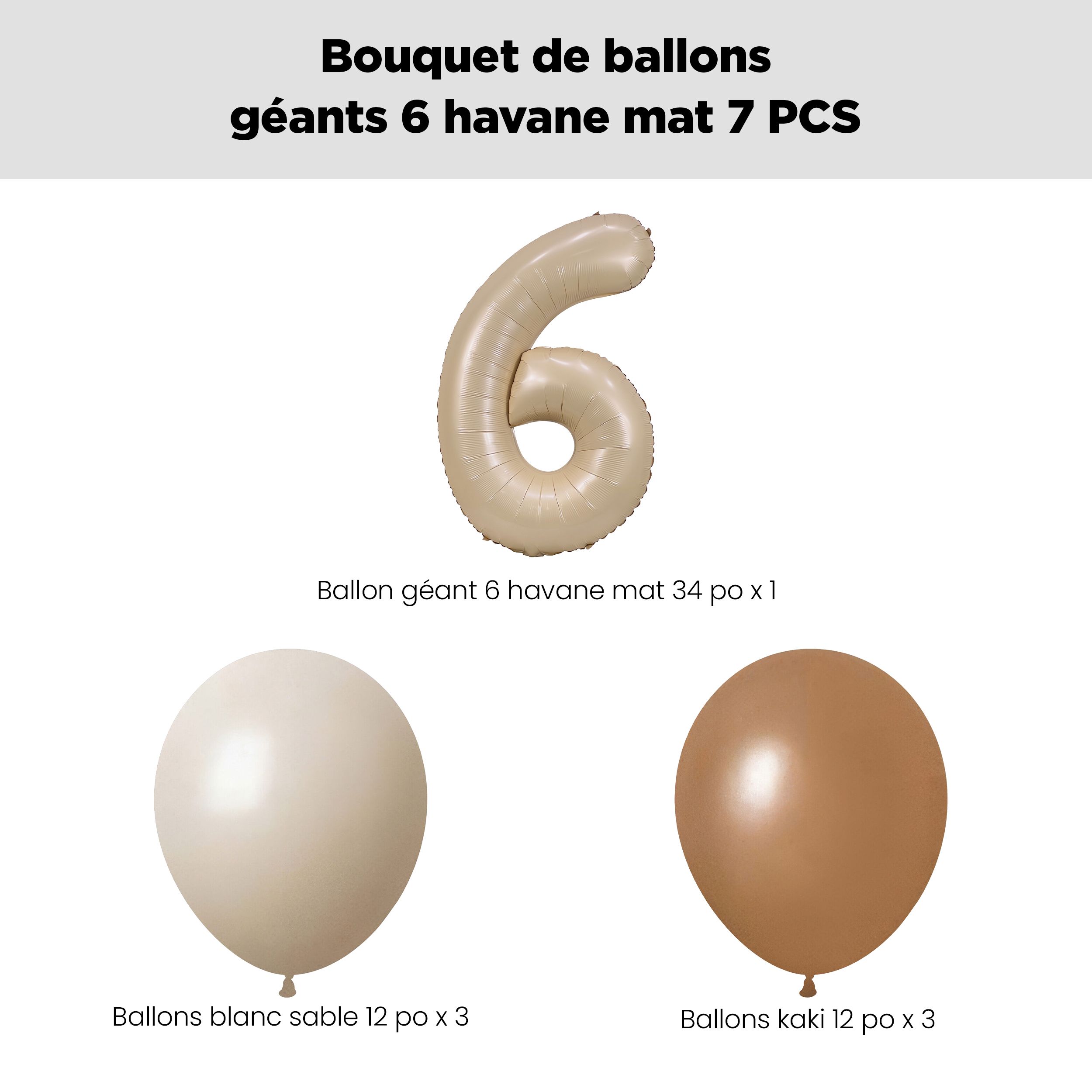 Bouquet de ballons avec ballon Supershape en forme du chiffre&nbsp;6, havane mat, et ballons en latex, sable blanc et kaki, paq. 7, gonflage à l’hélium et ruban compris, pour anniversaire/occasion spéciale Front_Flat
