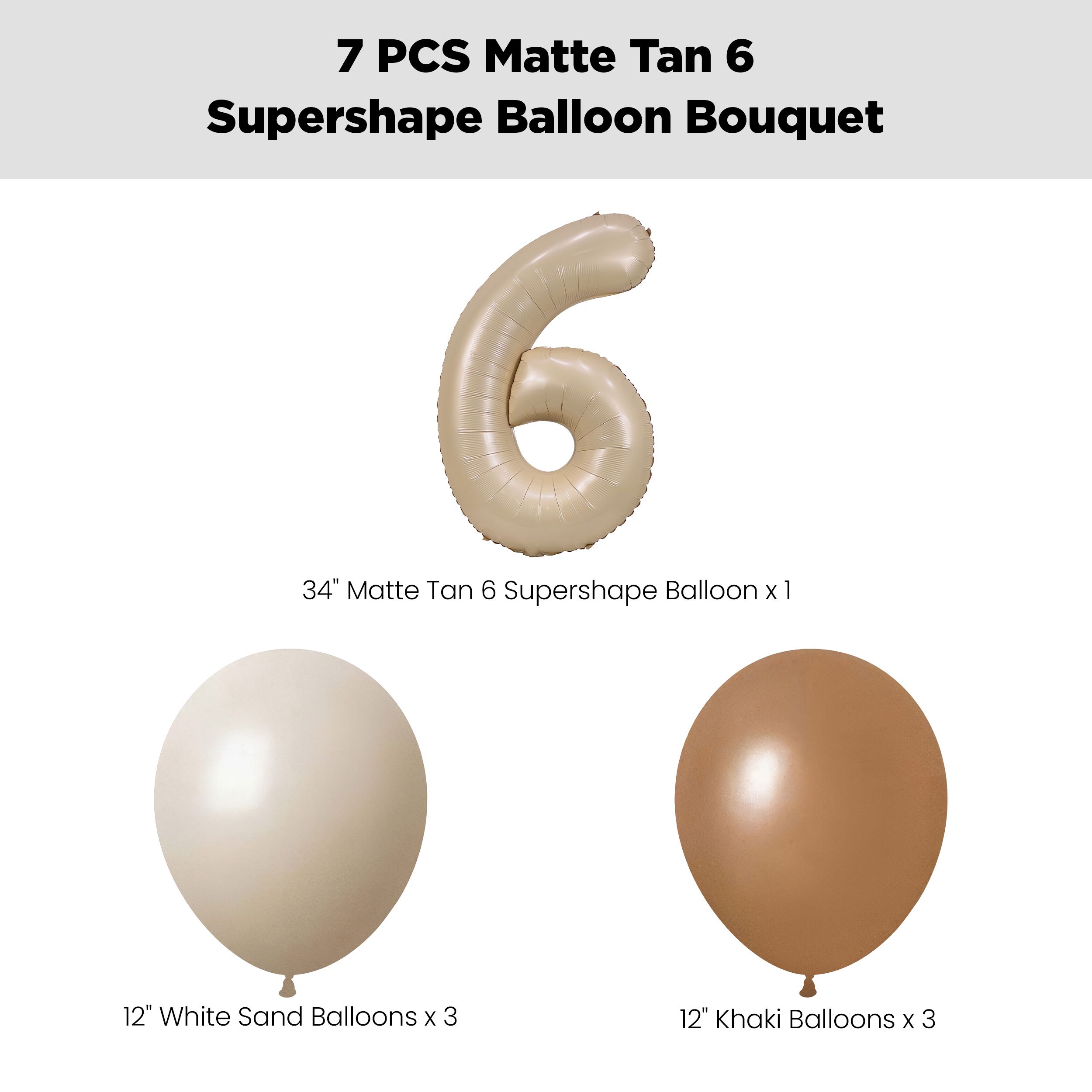 Number 6 Matte Tan Supershape Balloon Bouquet with Latex Balloons, White Sand/Khaki/Chocolate Brown, 7-pk, Helium Inflation & Ribbon Included for Birthday/Special Occasion Front_Flat