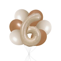 Bouquet de ballons avec ballon Supershape en forme du chiffre&nbsp;6, havane mat, et ballons en latex, sable blanc et kaki, paq. 7, gonflage à l’hélium et ruban compris, pour anniversaire/occasion spéciale Front_Flat