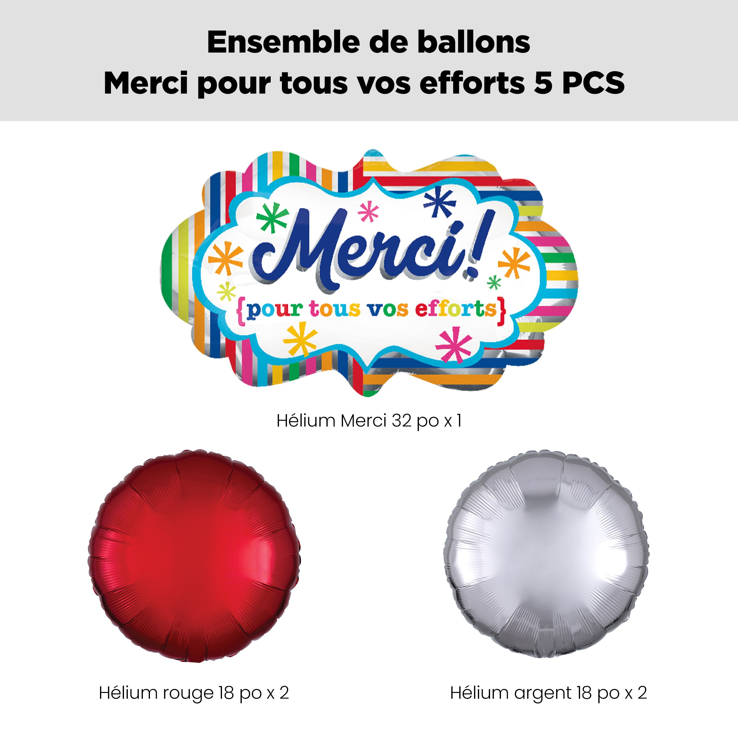 Bouquet de ballons géants ronds métalliques satinés Merci pour tous vos efforts avec ballons métalliques, multicolore, paq. 5, gonflage à l’hélium et ruban inclus Front_Flat