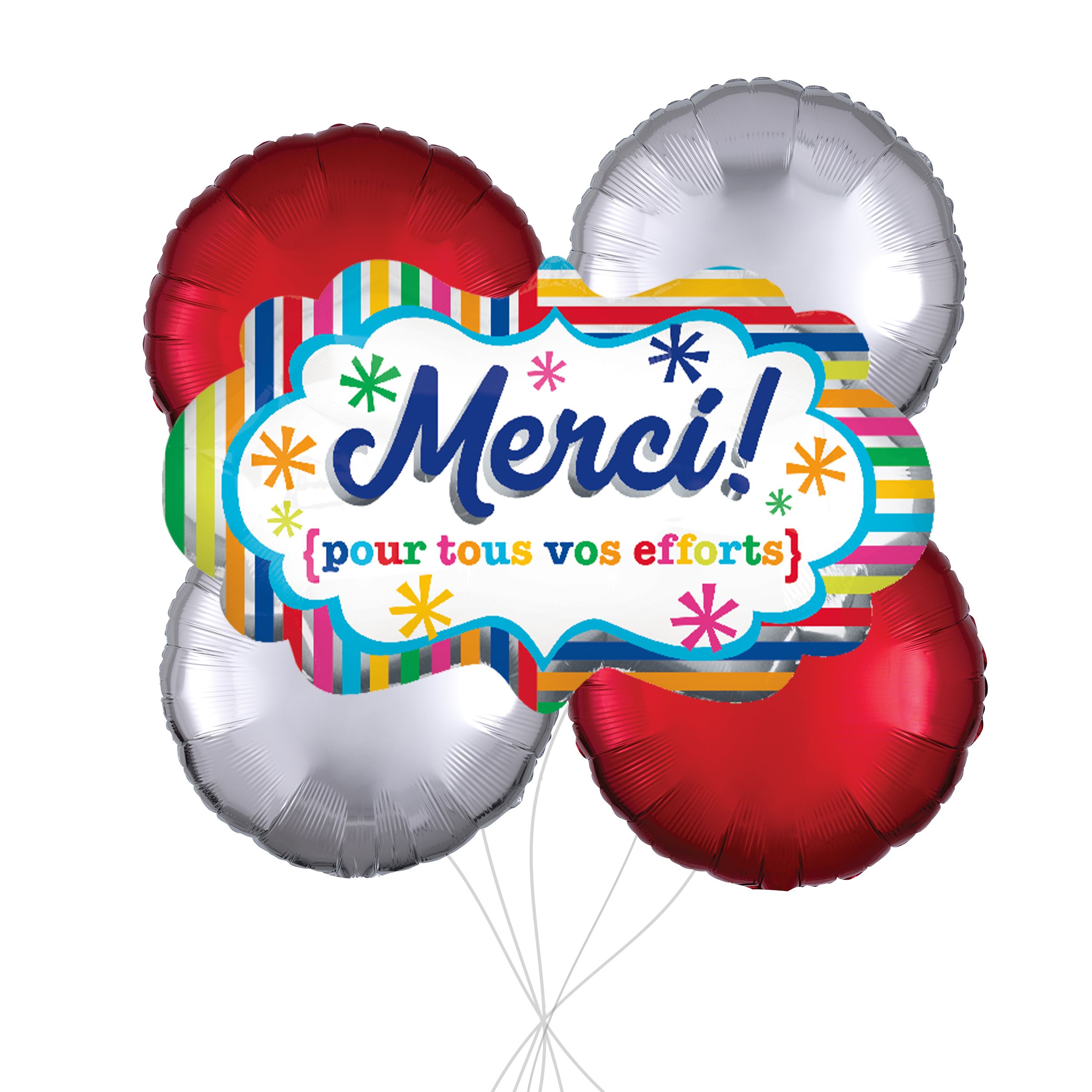 Bouquet de ballons géants ronds métalliques satinés Merci pour tous vos efforts avec ballons métalliques, multicolore, paq. 5, gonflage à l’hélium et ruban inclus Front_Flat