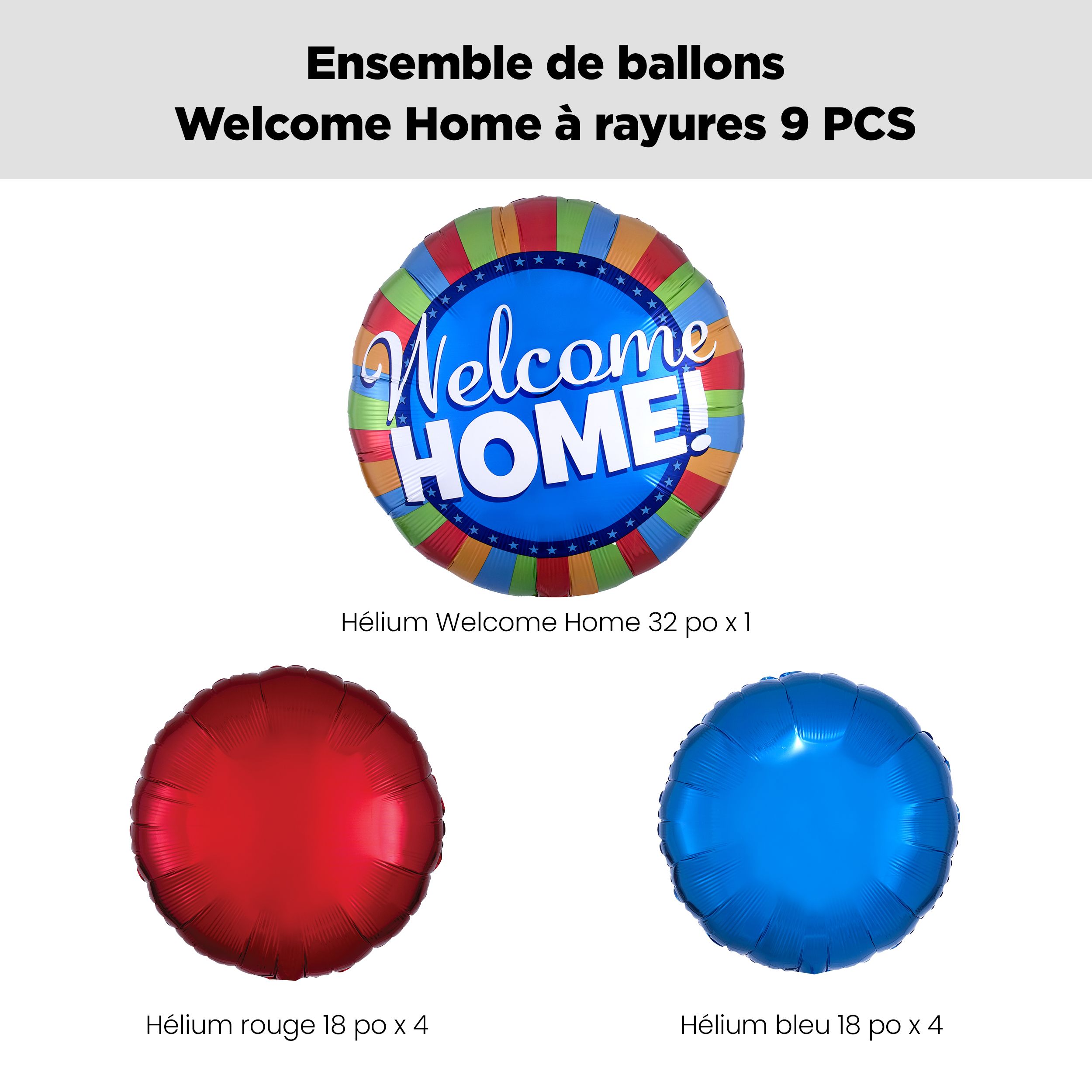 Bouquet de ballons métalliques rayés satinés ronds Welcome Home avec ballons métalliques, multicolore, paquet de 9, gonflage à l’hélium et ruban inclus Front_Flat