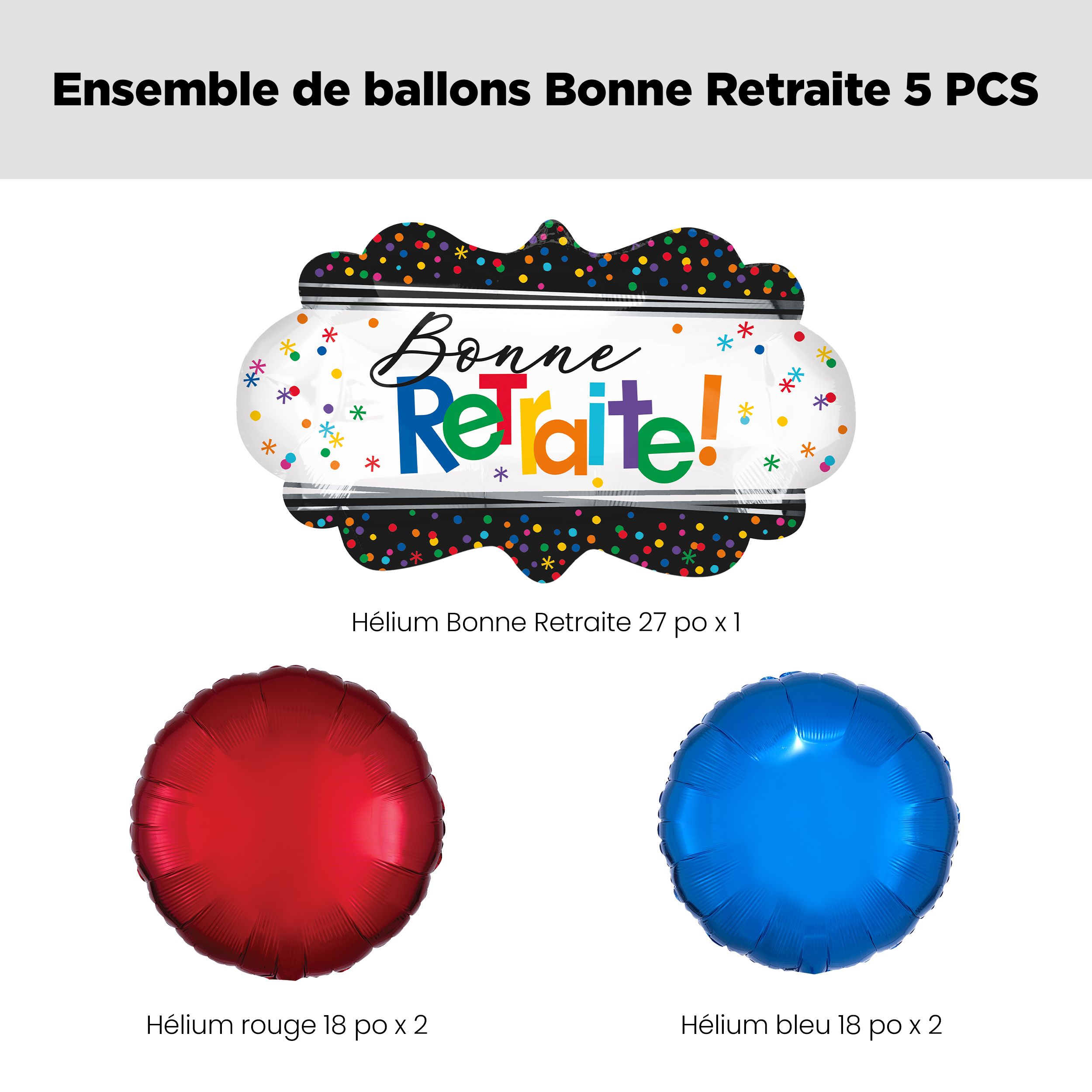 Bouquet de ballons géants ronds métalliques satinés à pois Bonne Retraite avec ballons métalliques, multicolore, paquet de 5, gonflage à l’hélium et ruban inclus pour départ à la retraite Front_Flat