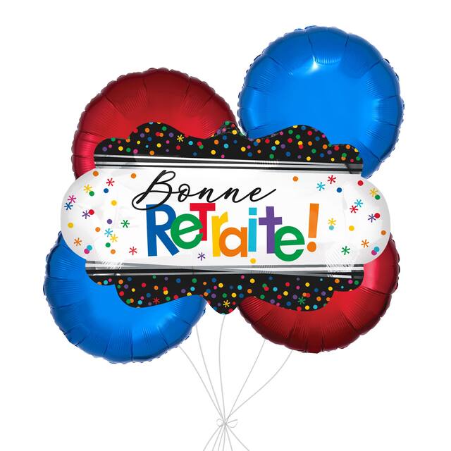 Bouquet de ballons géants ronds métalliques satinés à pois Bonne Retraite avec ballons métalliques, multicolore, paquet de 5, gonflage à l’hélium et ruban inclus pour départ à la retraite Front_Flat