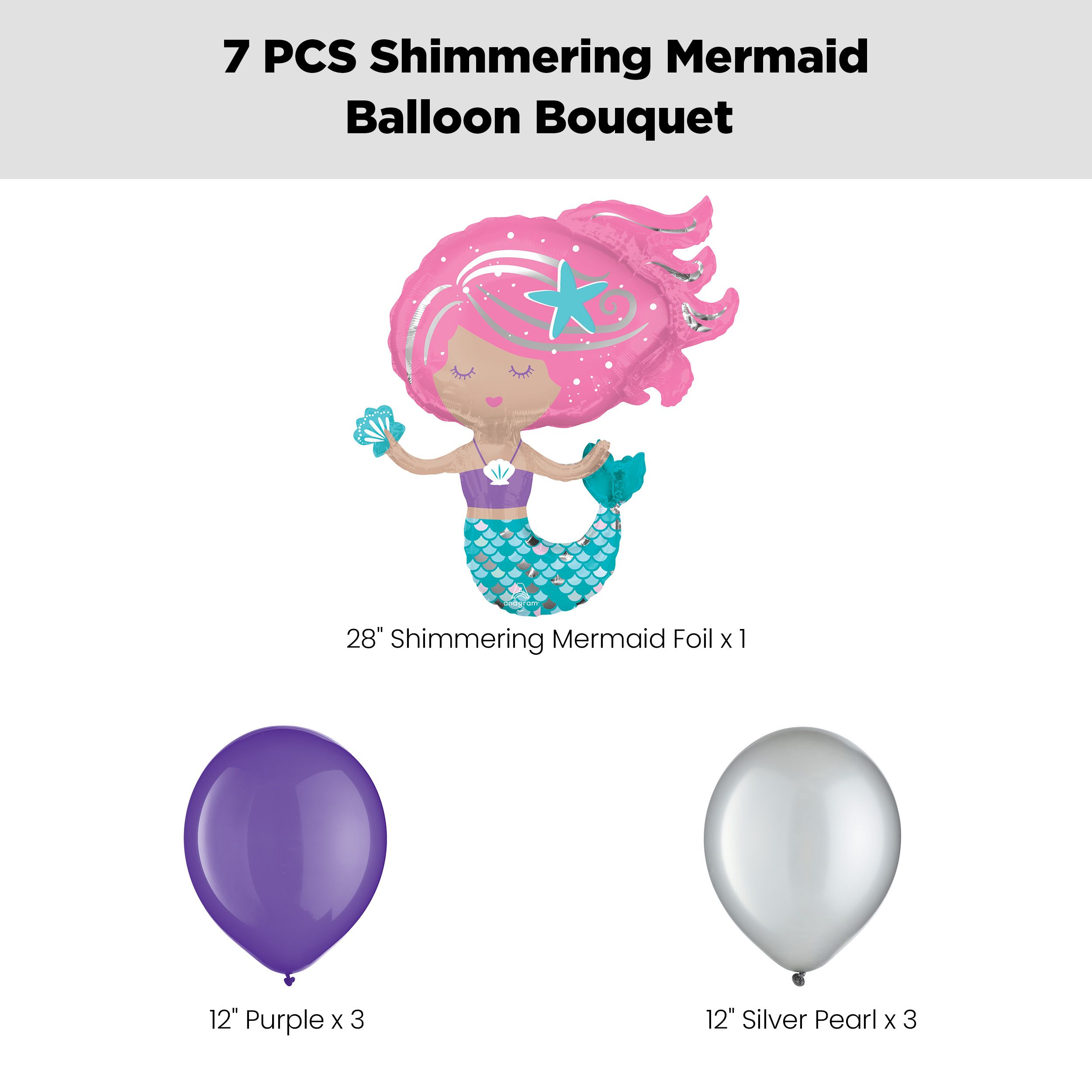 Shimmering Mermaid Supershape Balloon Bouquet with Latex Balloons, Purple/Silver, 7-pk, Helium Inflation & Ribbon Included for Kids’ Birthday Front_Flat