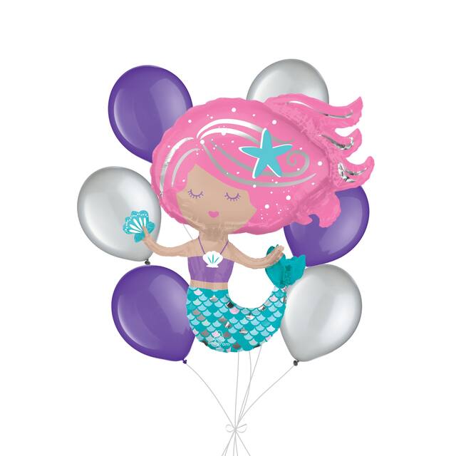 Bouquet de ballon géant sirène chatoyante avec ballons en latex violets et argentés, 7 pièces, gonflement à l'hélium et ruban inclus, pour fête d’anniversaire d’enfant Front_Flat