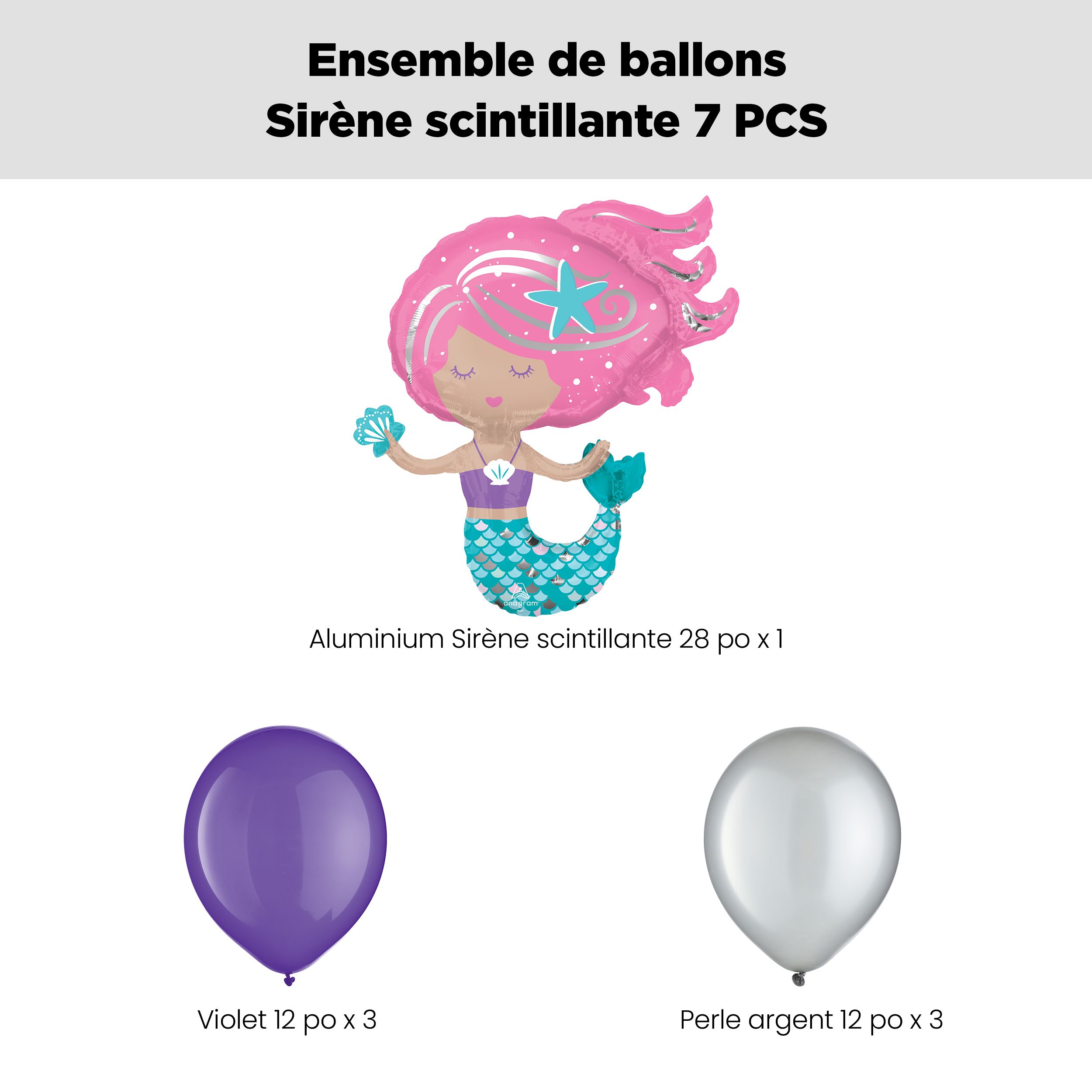 Bouquet de ballon géant sirène chatoyante avec ballons en latex violets et argentés, 7 pièces, gonflement à l'hélium et ruban inclus, pour fête d’anniversaire d’enfant Front_Flat
