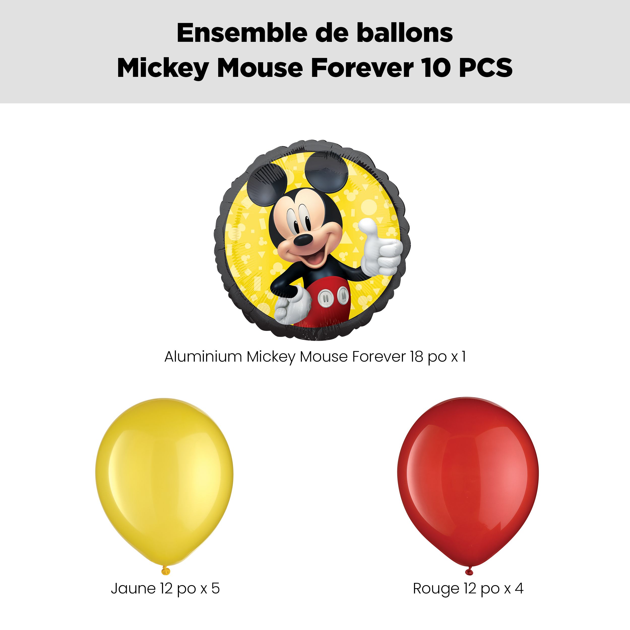 Bouquet de ballon Mickey Mouse Forever avec ballons en latex jaunes et rouges, 10 pièces, gonflement à l'hélium et ruban inclus, pour fête d’anniversaire d’enfant Front_Flat