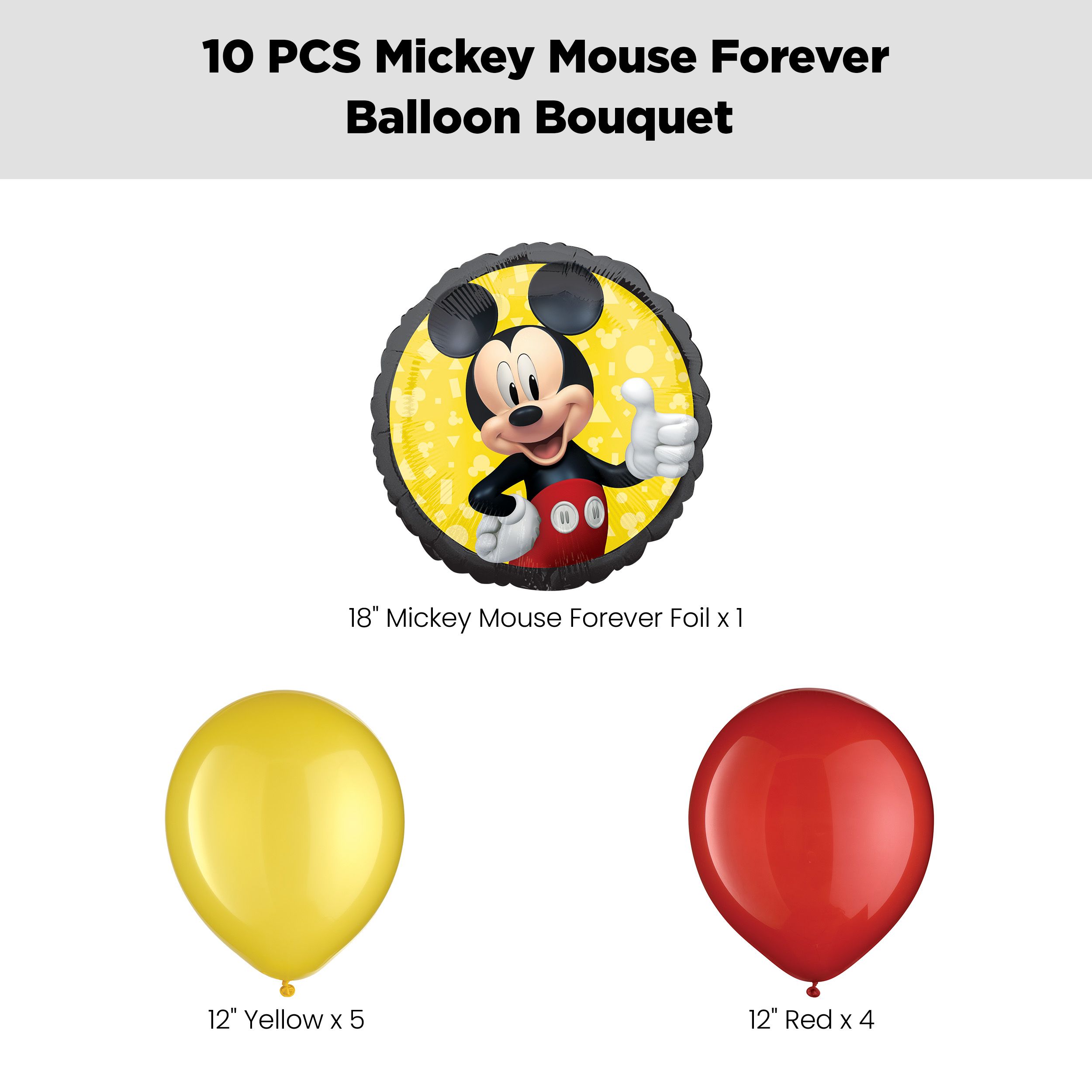 Mickey Mouse Forever Balloon Bouquet with Latex Balloons, Red/Yellow, 10-pk, Helium Inflation & Ribbon Included for Kids’ Birthday Front_Flat