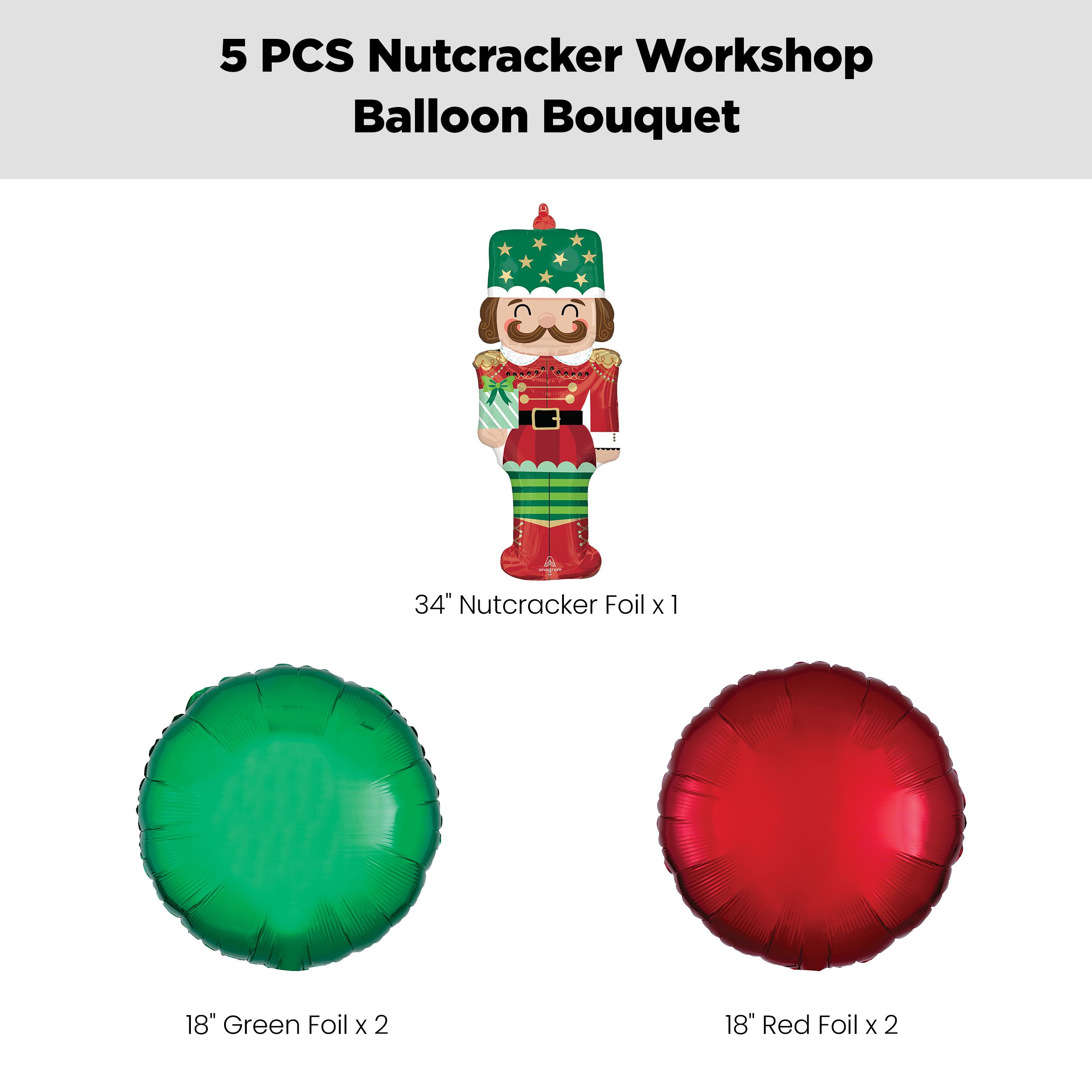 Nutcracker Supershape Balloon Bouquet with Round Foil Balloons, Red/Green, 5-pk, Helium Inflation & Ribbon Included for Christmas and New Year's Eve Front_Flat