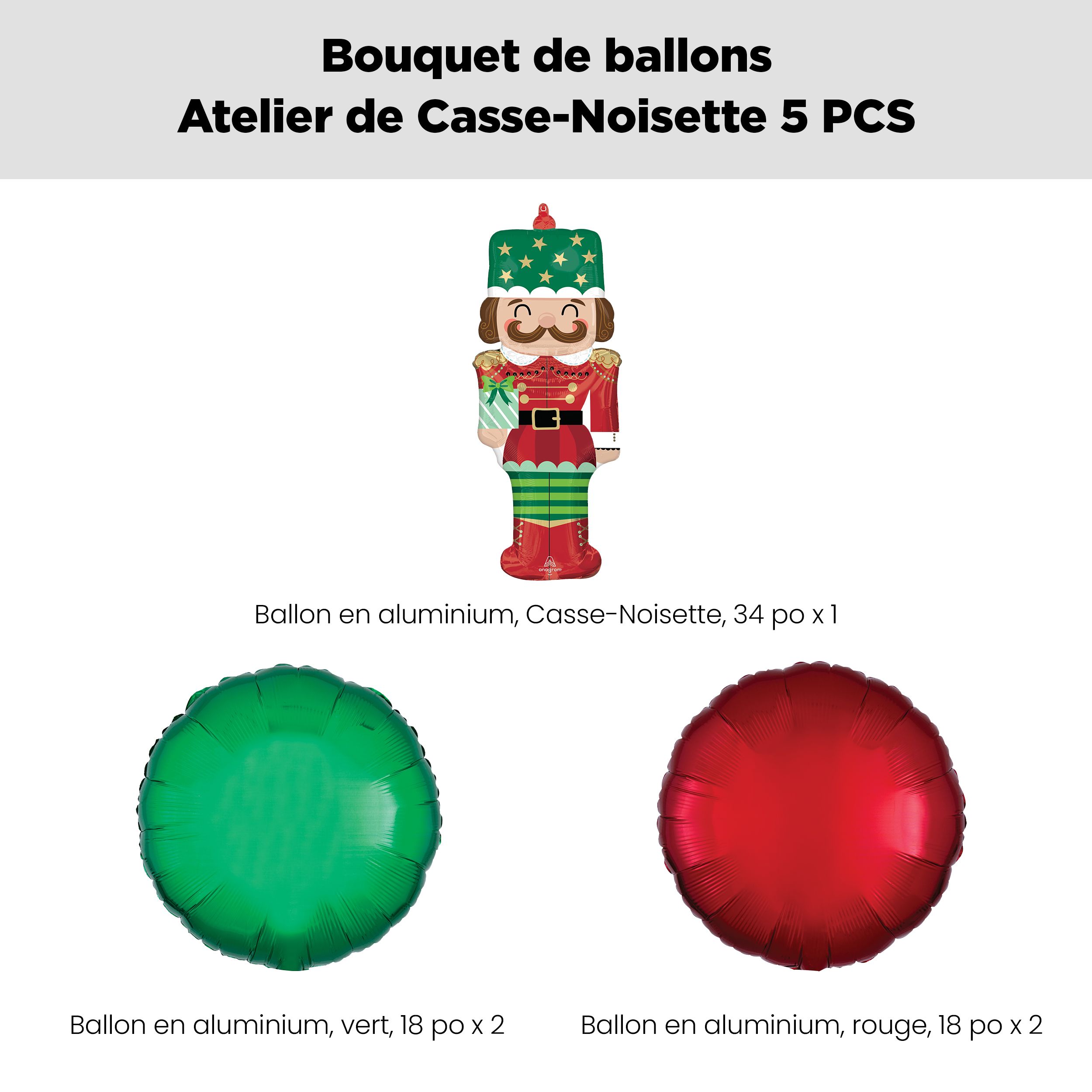 Bouquet de ballon de forme extraordinaire Atelier casse-noisettes avec ballons ronds en aluminium, rouge/vert, 5 pièces, gonflement à l'hélium et ruban inclus, pour Noël et le jour de l'An Front_Flat