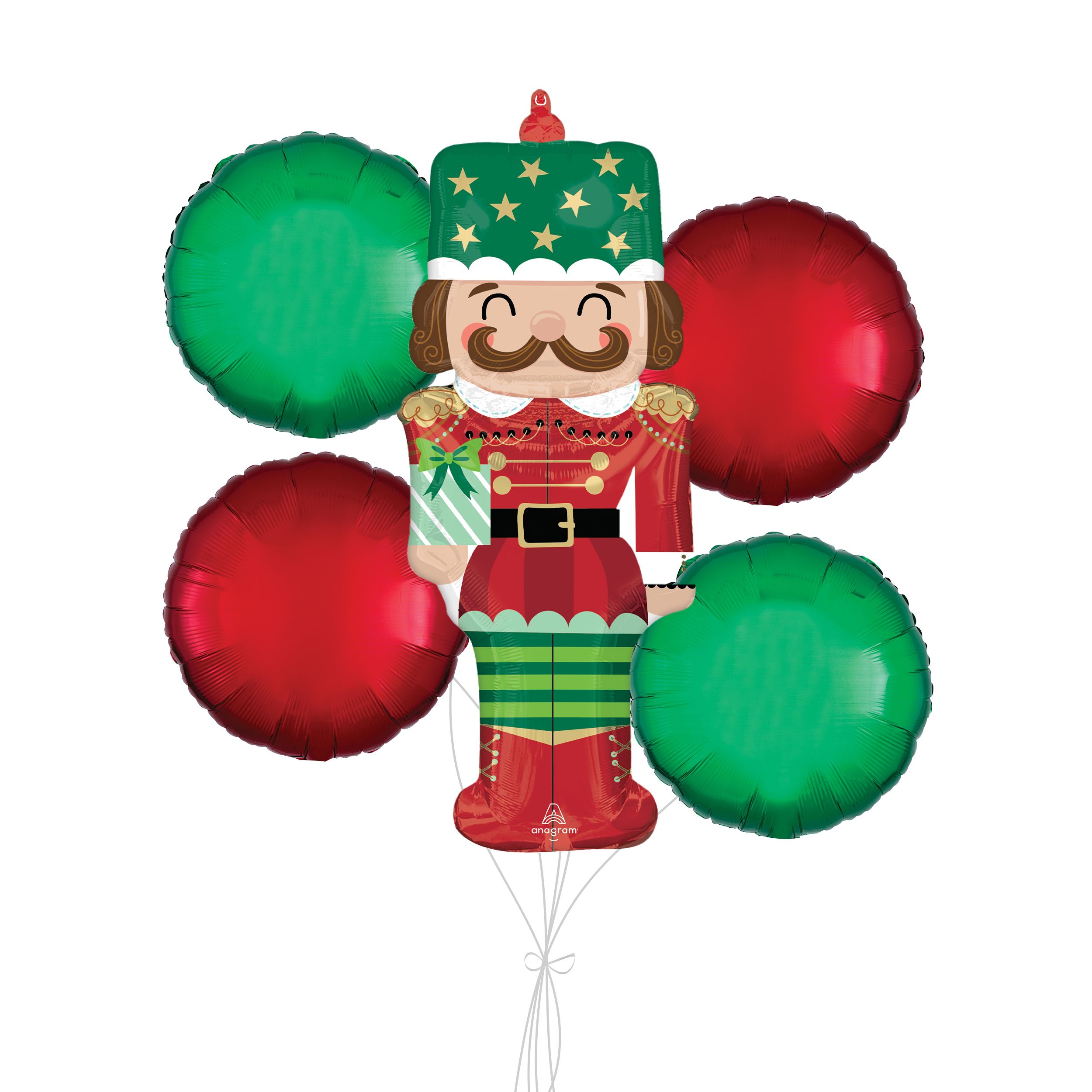 Nutcracker Supershape Balloon Bouquet with Round Foil Balloons, Red/Green, 5-pk, Helium Inflation & Ribbon Included for Christmas and New Year's Eve Front_Flat