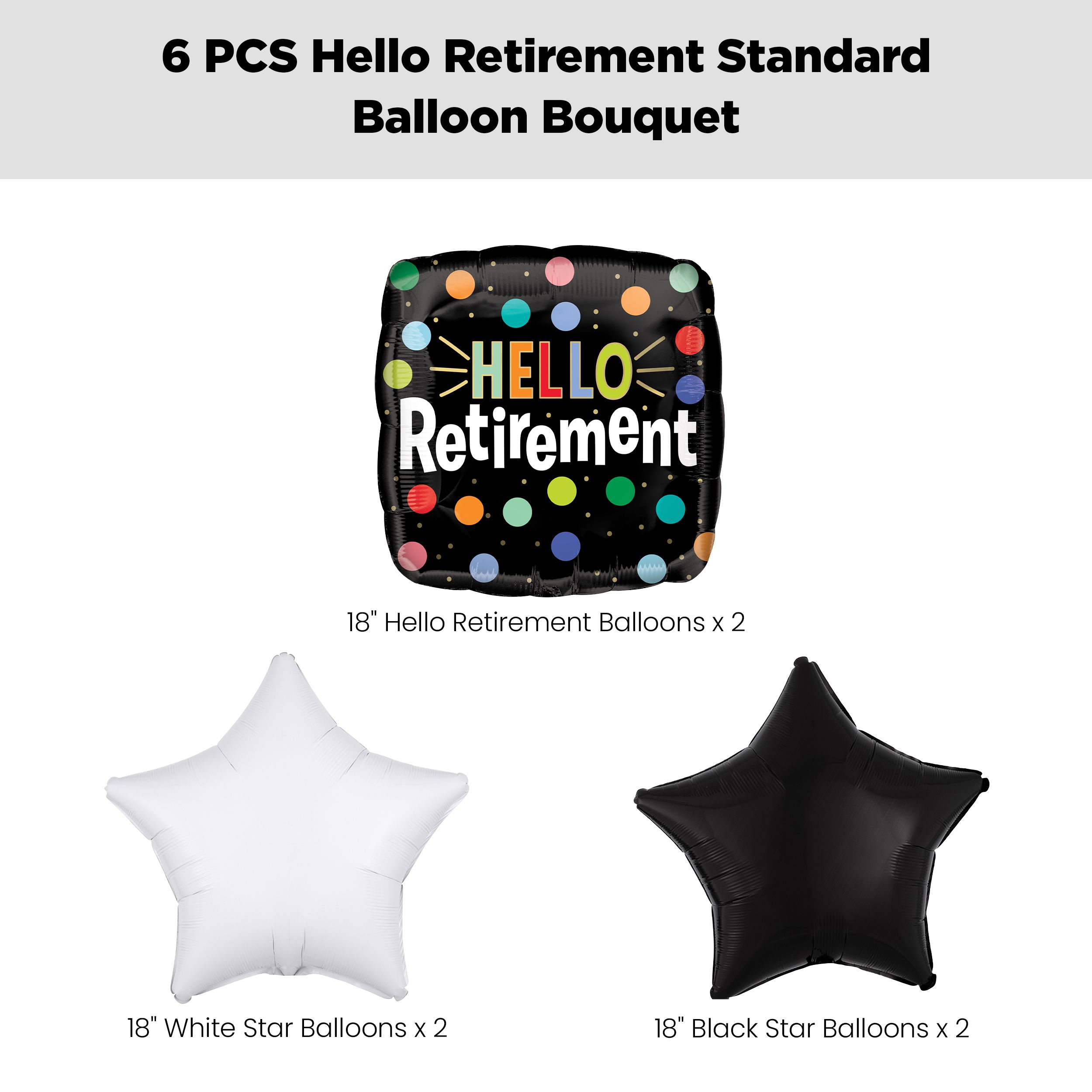 "Hello Retirement" Balloon Bouquet with Star Foil Balloons, Black/White, 6-pk, Helium Inflation & Ribbon Included Front_Flat