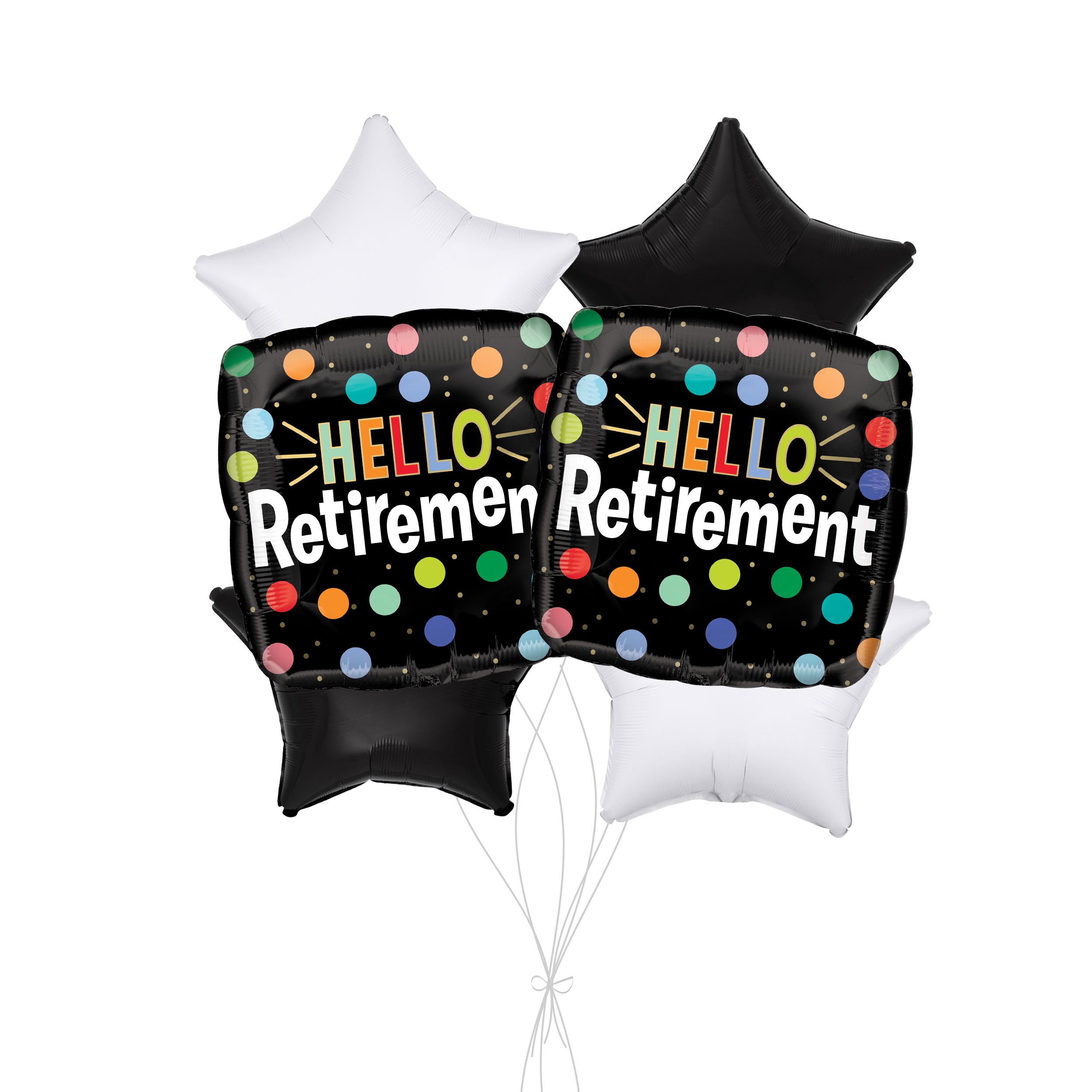 "Hello Retirement" Balloon Bouquet with Star Foil Balloons, Black/White, 6-pk, Helium Inflation & Ribbon Included Front_Flat