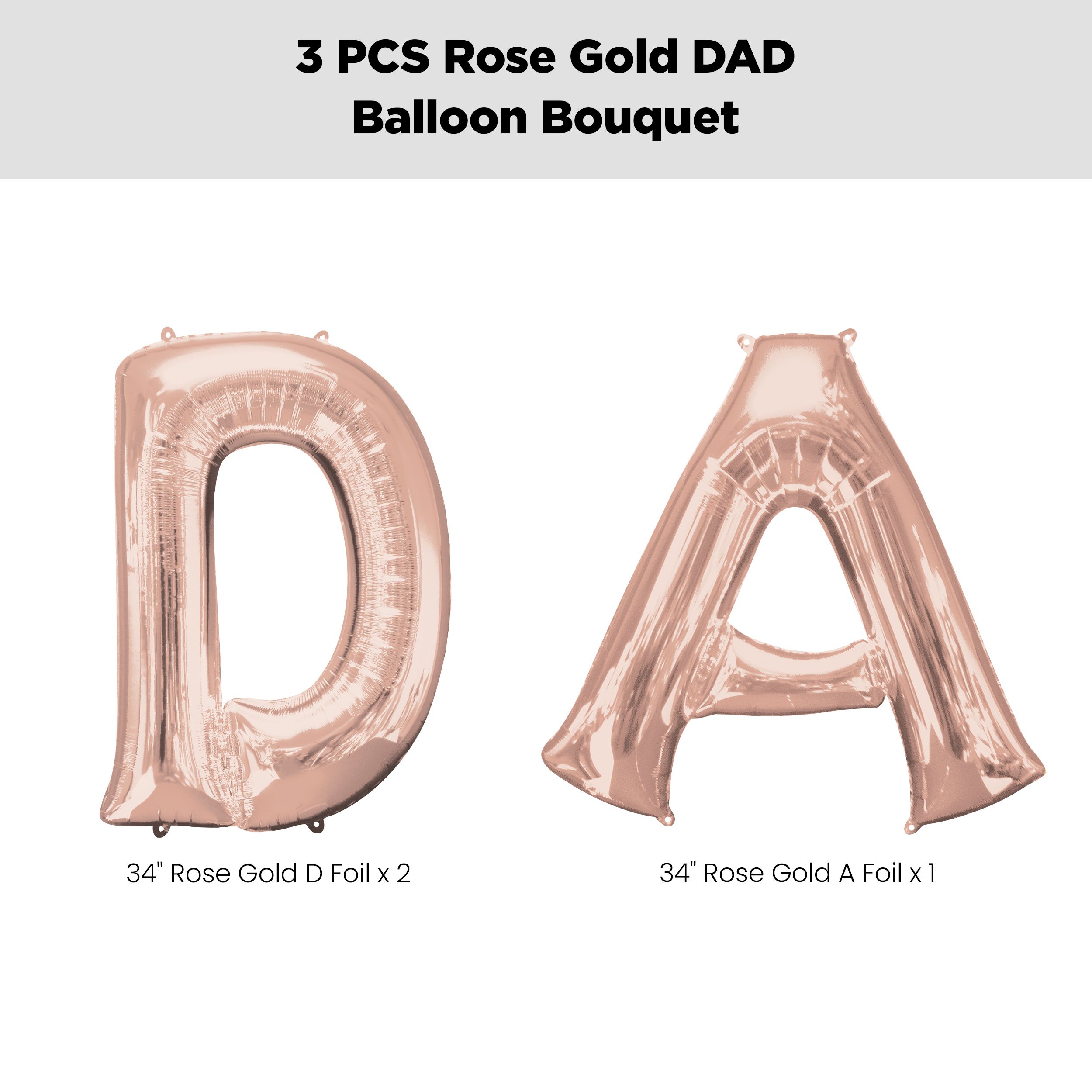 “DAD” Foil Letter Balloon Bouquet, Rose Gold, 3-pk, Helium Inflation & Ribbon Included for Father's Day Front_Flat