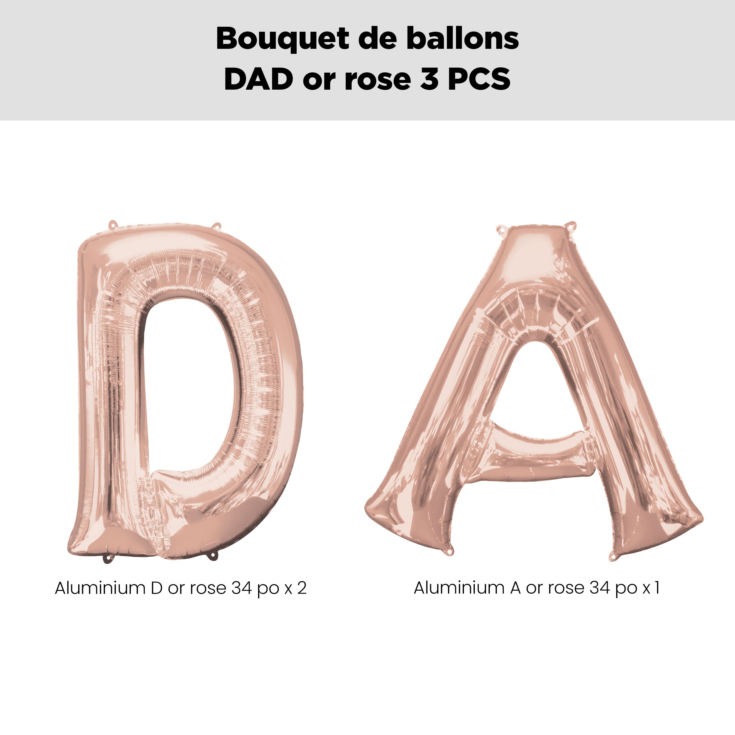 Bouquet de ballons or rose en forme de lettres métalliques DAD, paq.&nbsp;3, gonflage à l’hélium et ruban compris pour la fête des Pères Front_Flat