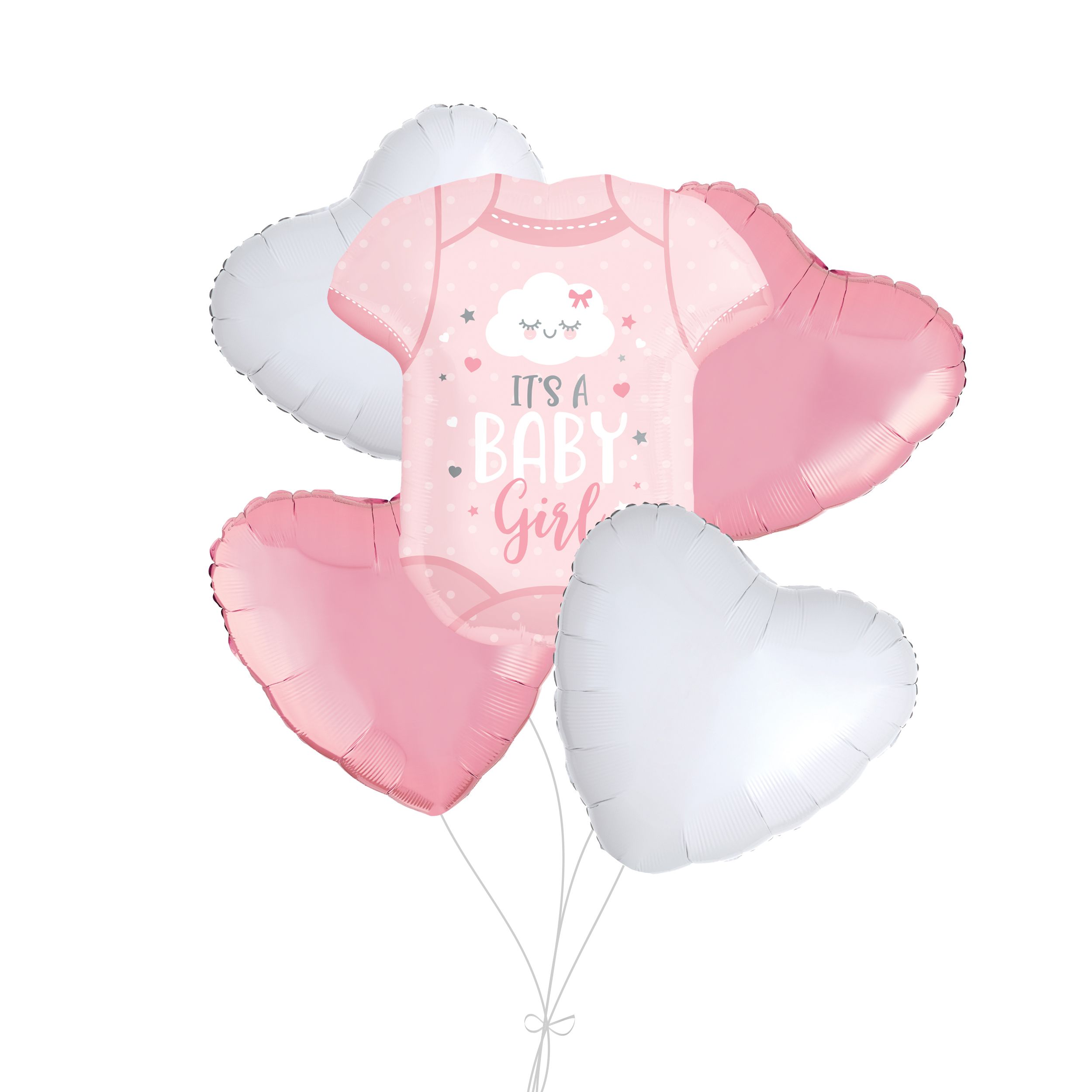 "It’s a Baby Girl" Onesie Supershape Balloon Bouquet with Heart Foil Balloons, Pink/White, 5-pk, Helium Inflation & Ribbon Included for Baby Shower Front_Flat
