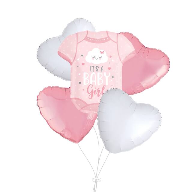 "It’s a Baby Girl" Onesie Supershape Balloon Bouquet with Heart Foil Balloons, Pink/White, 5-pk, Helium Inflation & Ribbon Included for Baby Shower Front_Flat