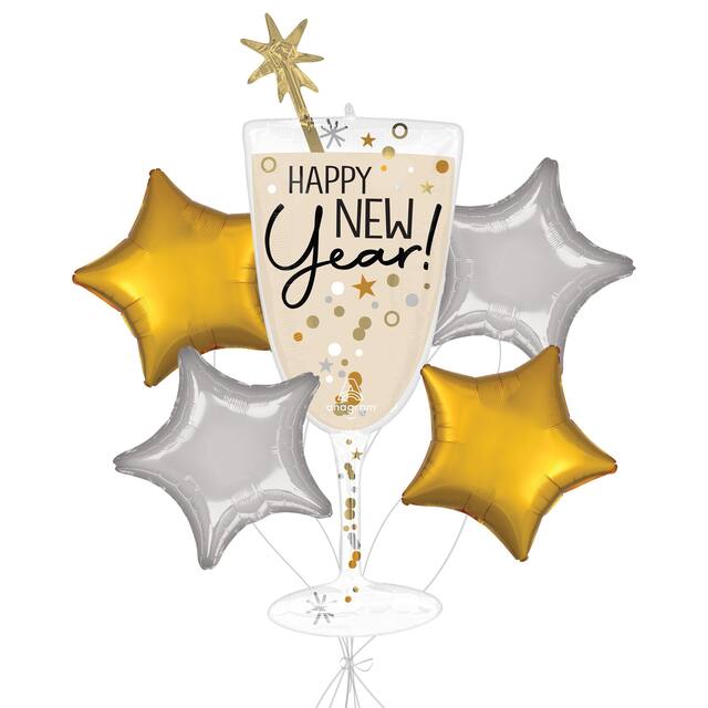 Bouquet de ballons géants métalliques satinés verres à champagne Happy New Year avec ballons métalliques étoilés, doré/argenté, paq. 5, gonflage à l’hélium et ruban inclus Front_Flat