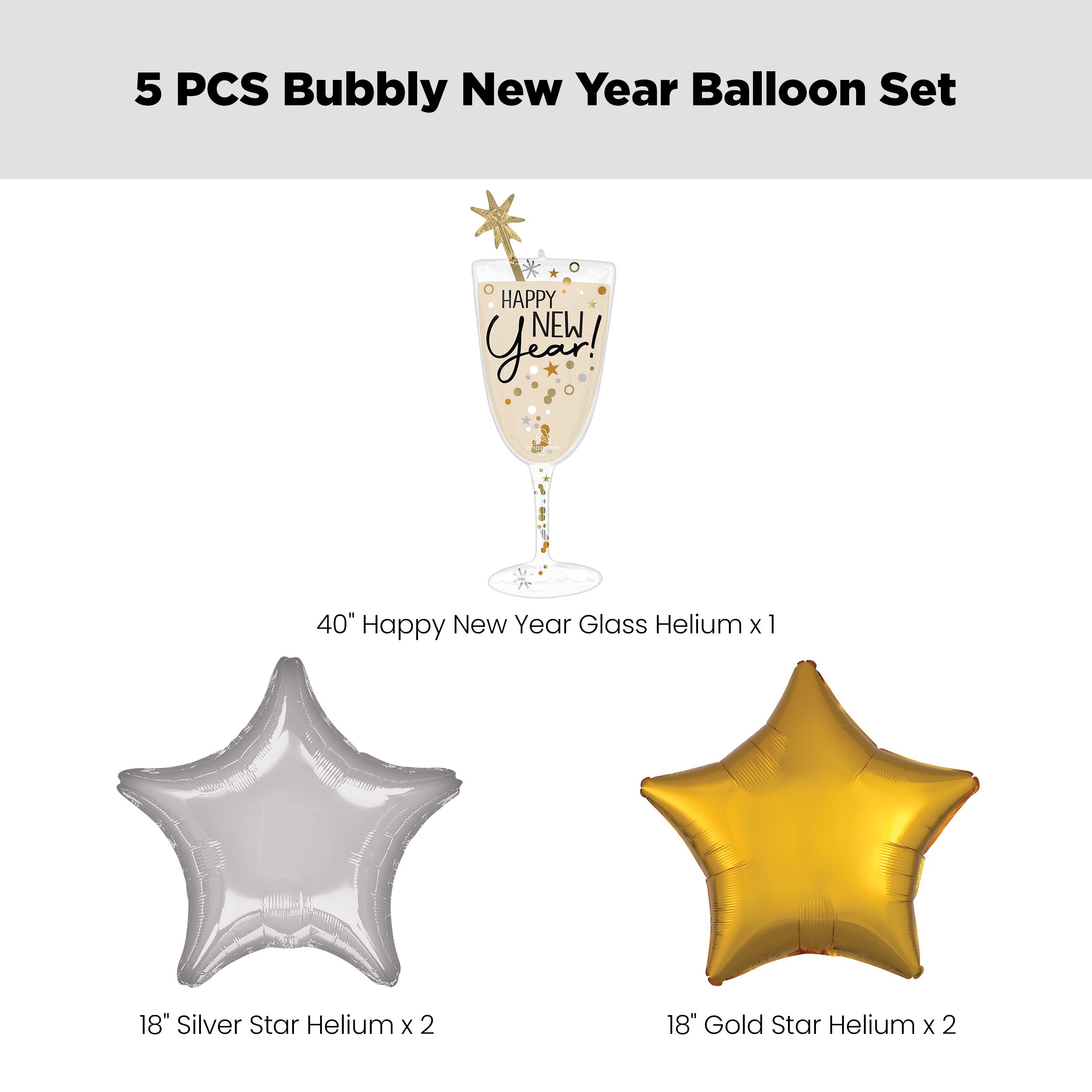 "Happy New Year" Champagne Glass Satin Foil Supershape Balloon Bouquet with Star Foil Balloons, Gold/Silver, 5-pk, Helium Inflation & Ribbon Included Front_Flat