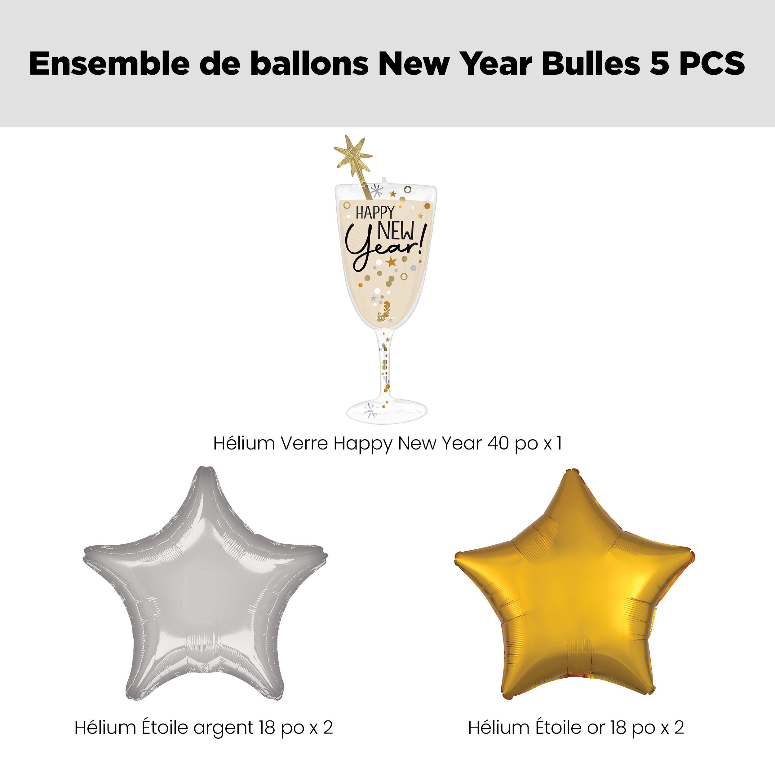 Bouquet de ballons géants métalliques satinés verres à champagne Happy New Year avec ballons métalliques étoilés, doré/argenté, paq. 5, gonflage à l’hélium et ruban inclus Front_Flat