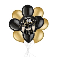 "Happy New Year" Bubbly Satin Foil Balloon Bouquet with Pearl Latex Balloons, Gold/Black, 10-pk, Helium Inflation & Ribbon Included for New Year's Eve