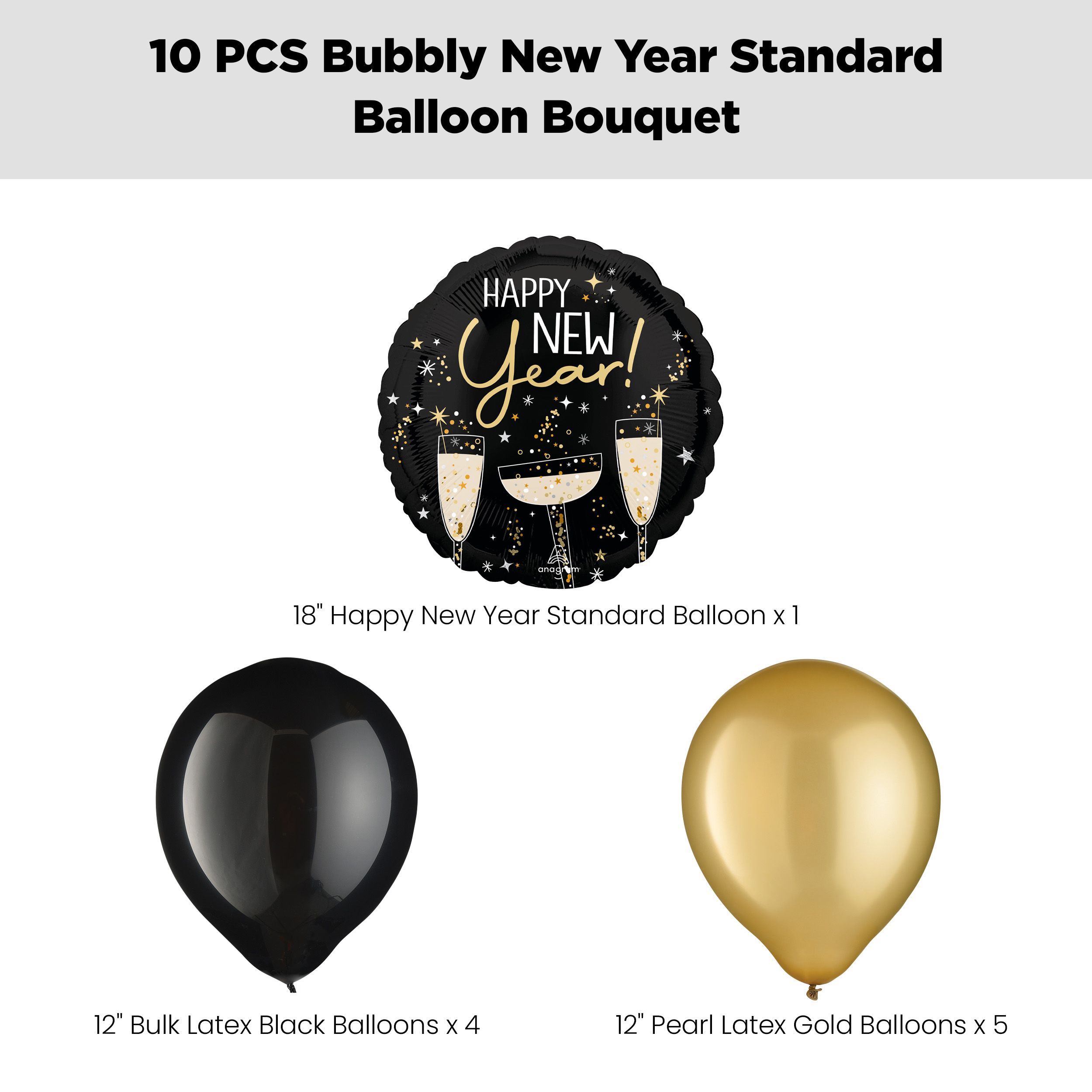 "Happy New Year" Bubbly Satin Foil Balloon Bouquet with Pearl Latex Balloons, Gold/Black, 10-pk, Helium Inflation & Ribbon Included for New Year's Eve Composite_or_Mixed